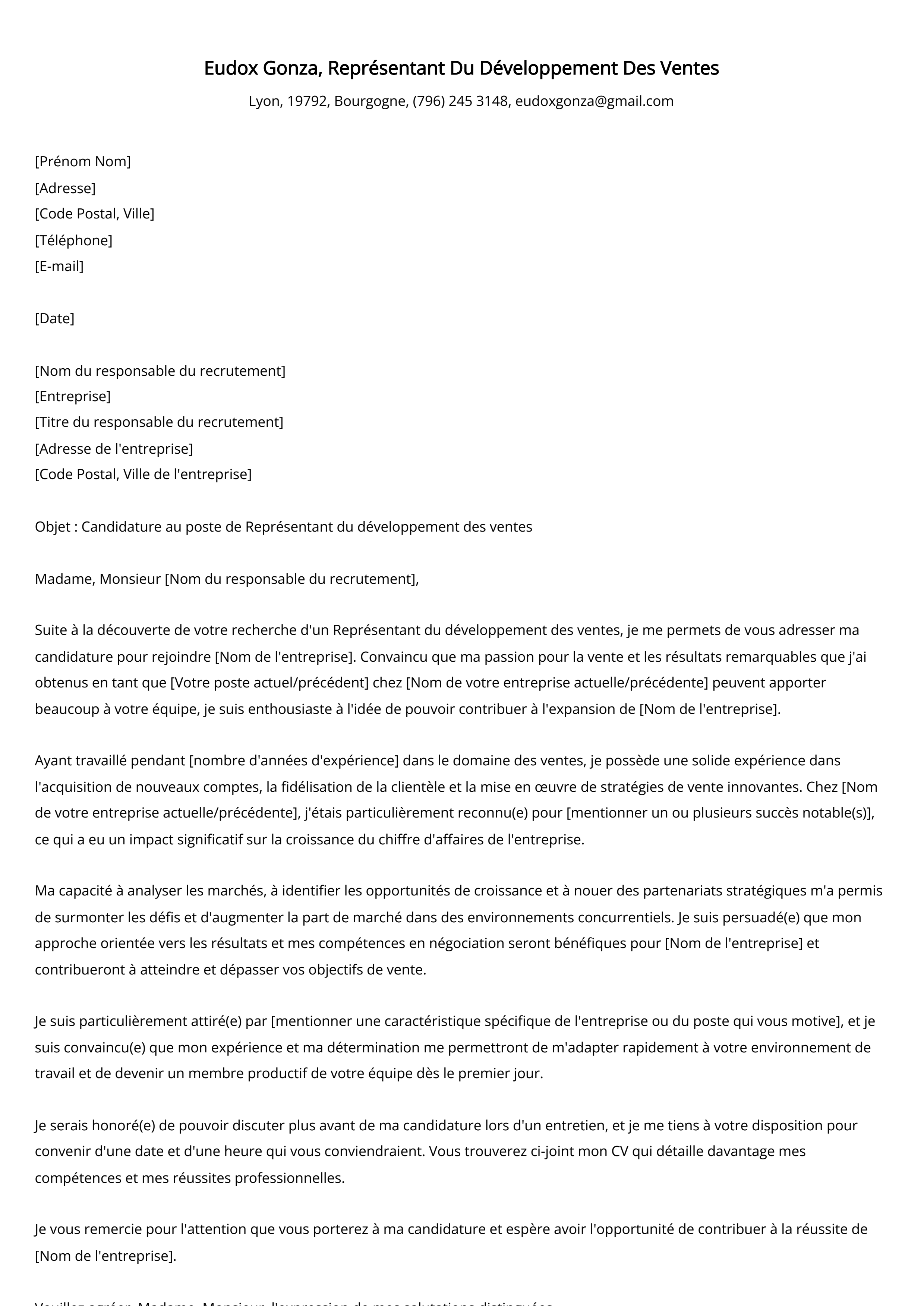 Représentant Du Développement Des Ventes Cover Letter Example