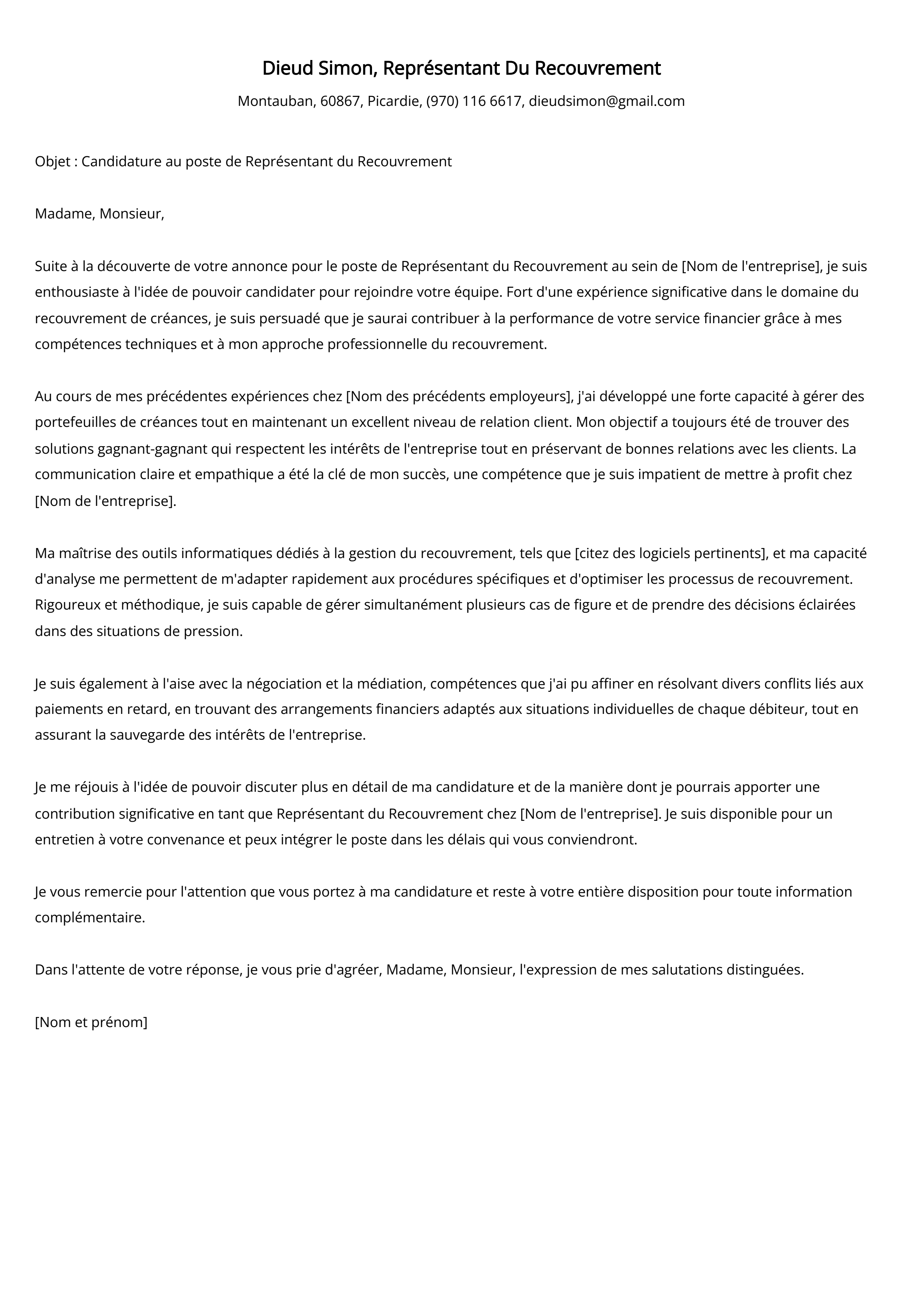 Représentant Du Recouvrement Cover Letter Example