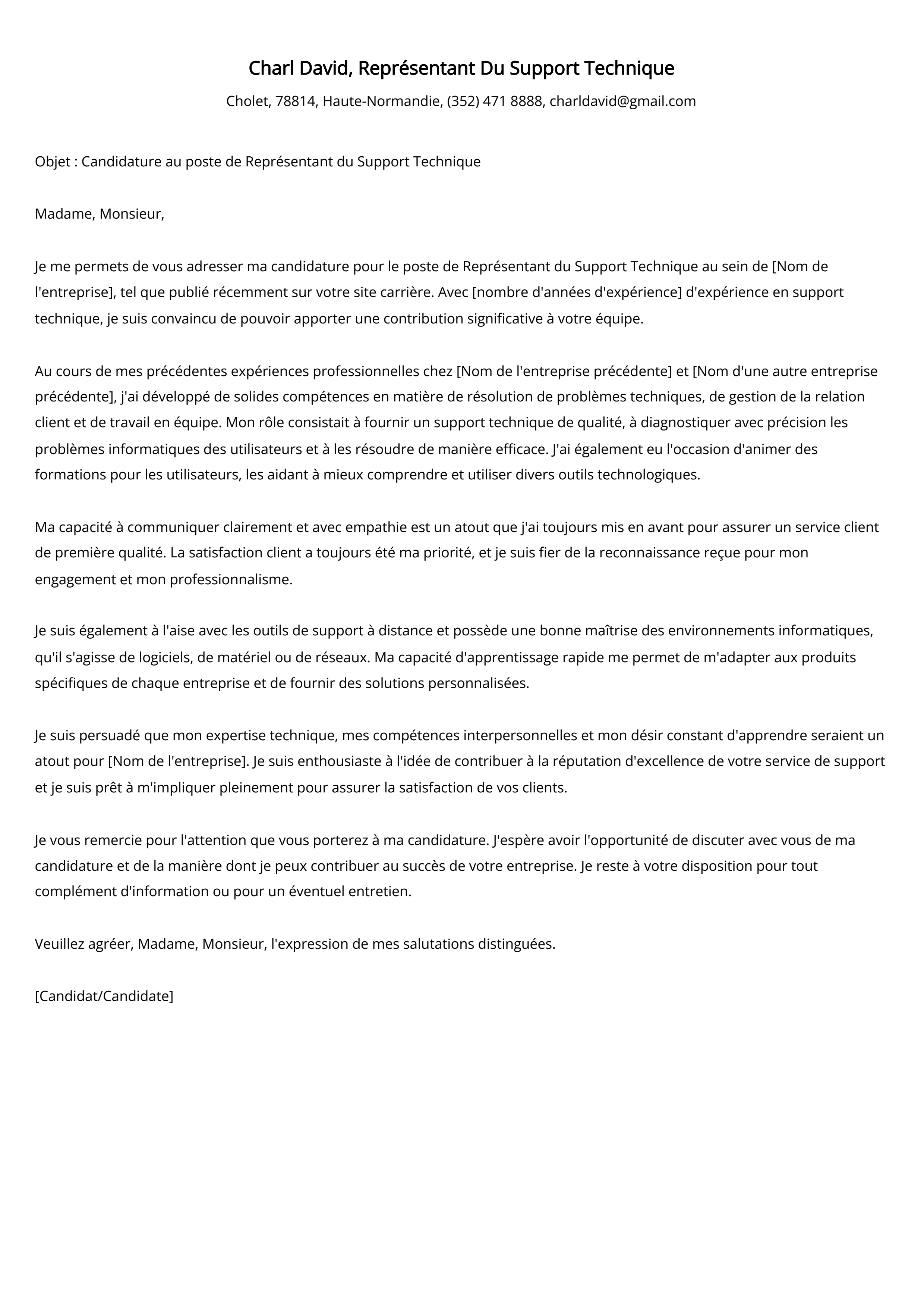 Représentant Du Support Technique Cover Letter Example