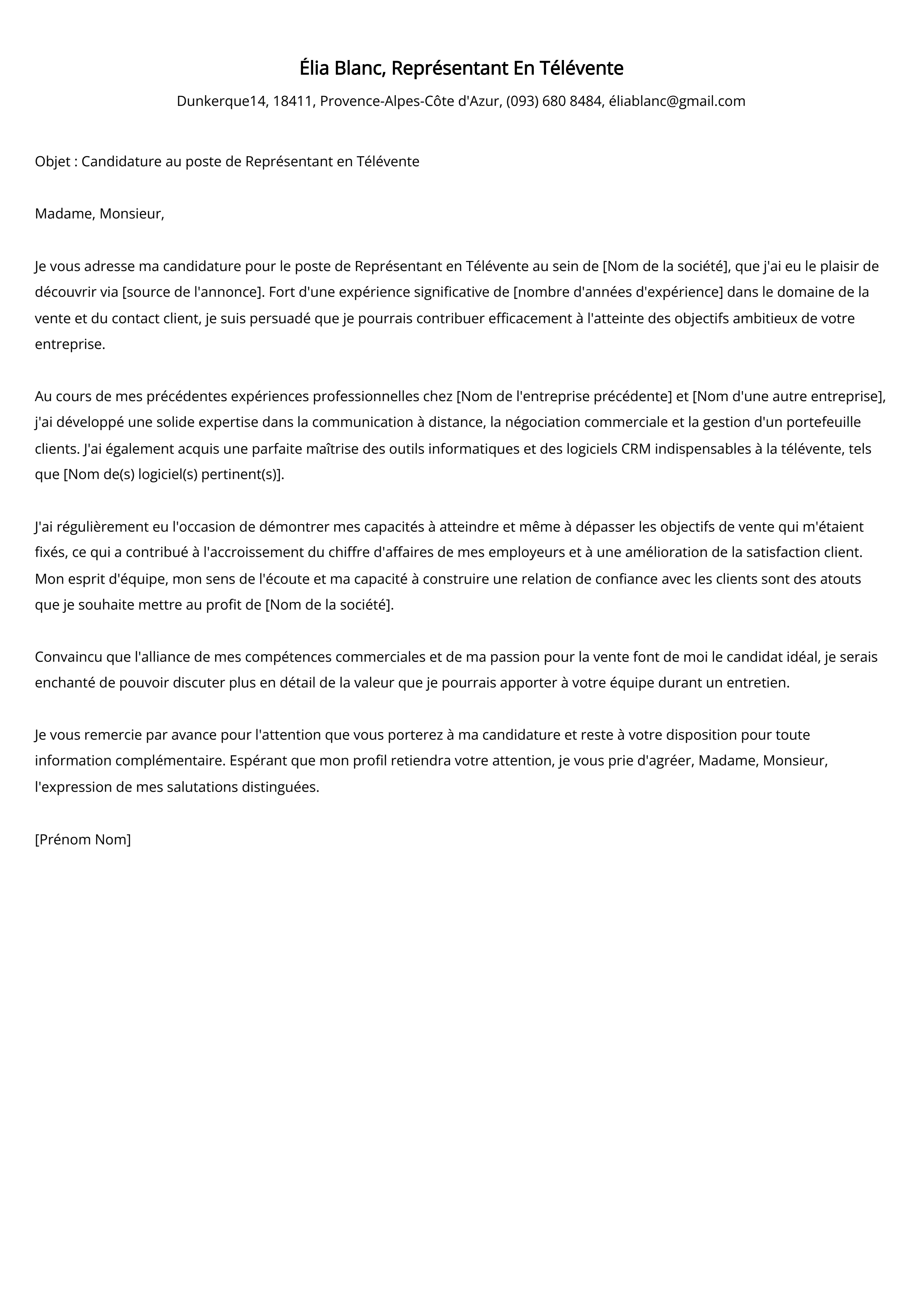 Représentant En Télévente Cover Letter Example