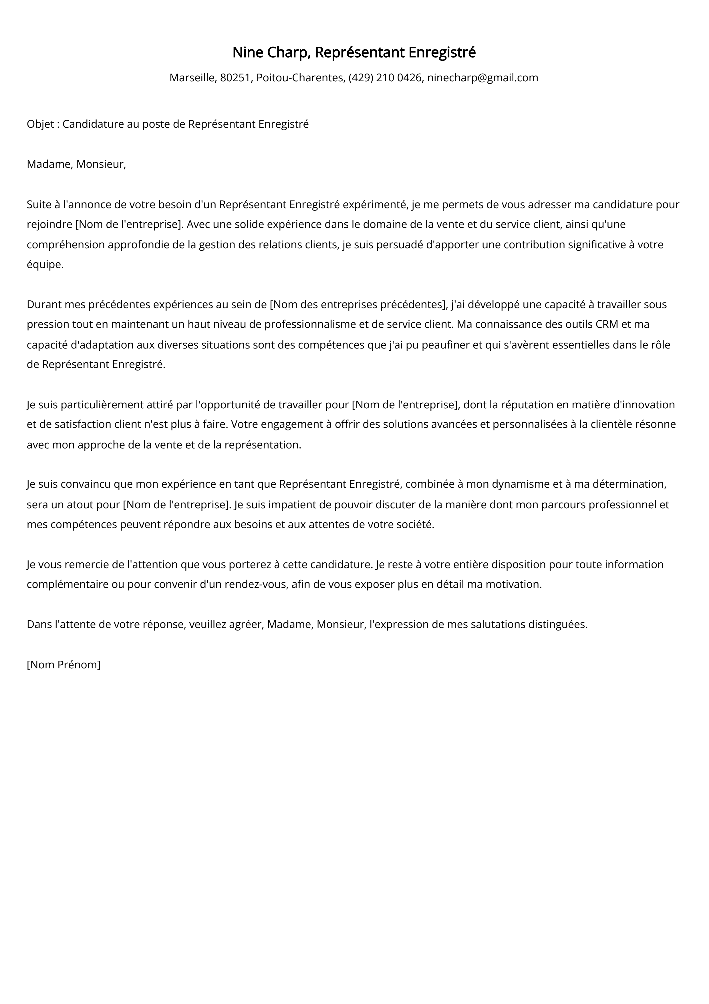 Représentant Enregistré Cover Letter Example