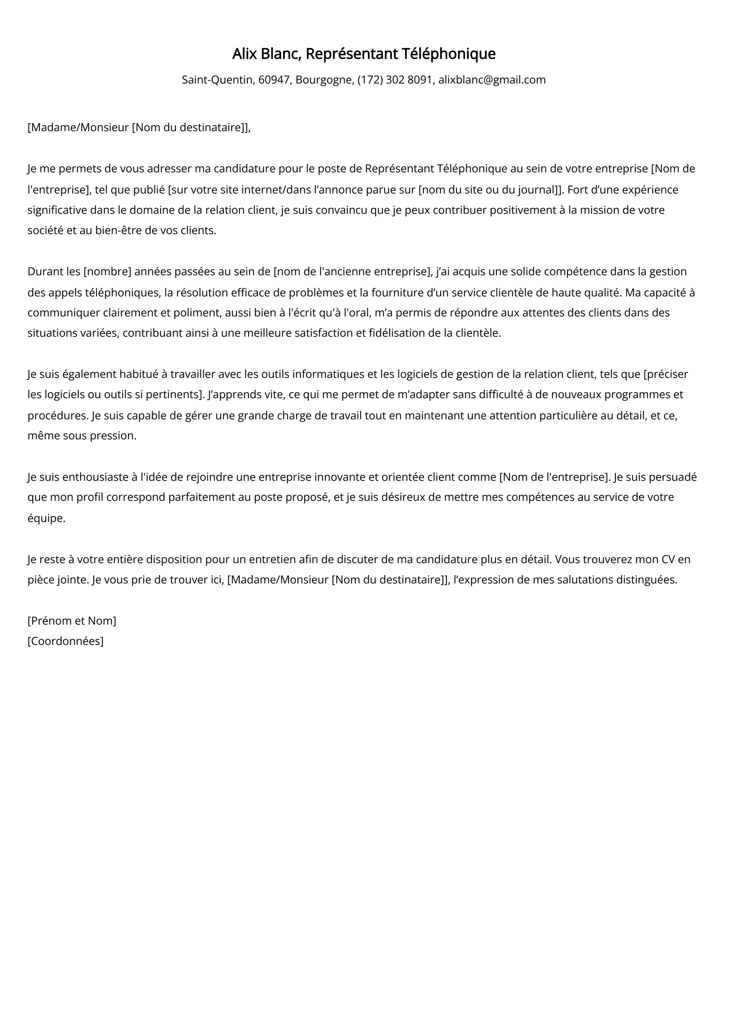 Représentant Téléphonique Cover Letter Example