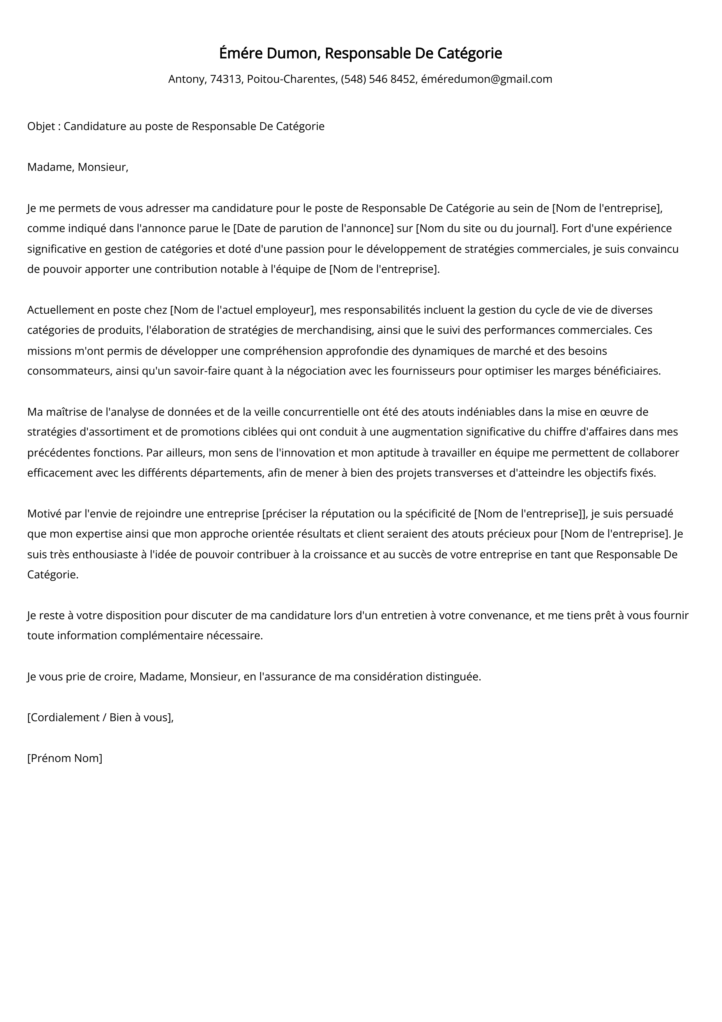 Responsable De Catégorie Cover Letter Example