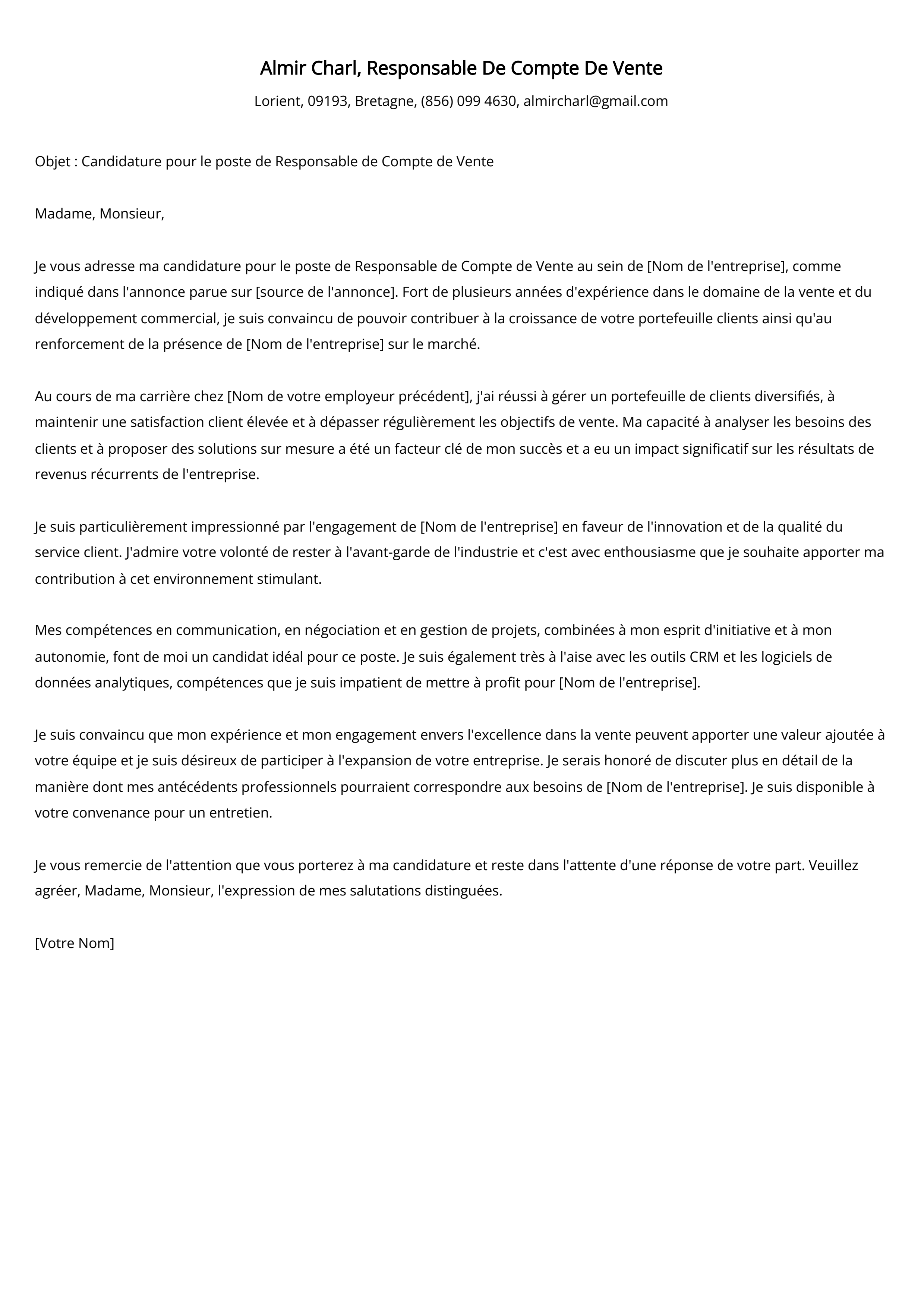 Responsable De Compte De Vente Cover Letter Example