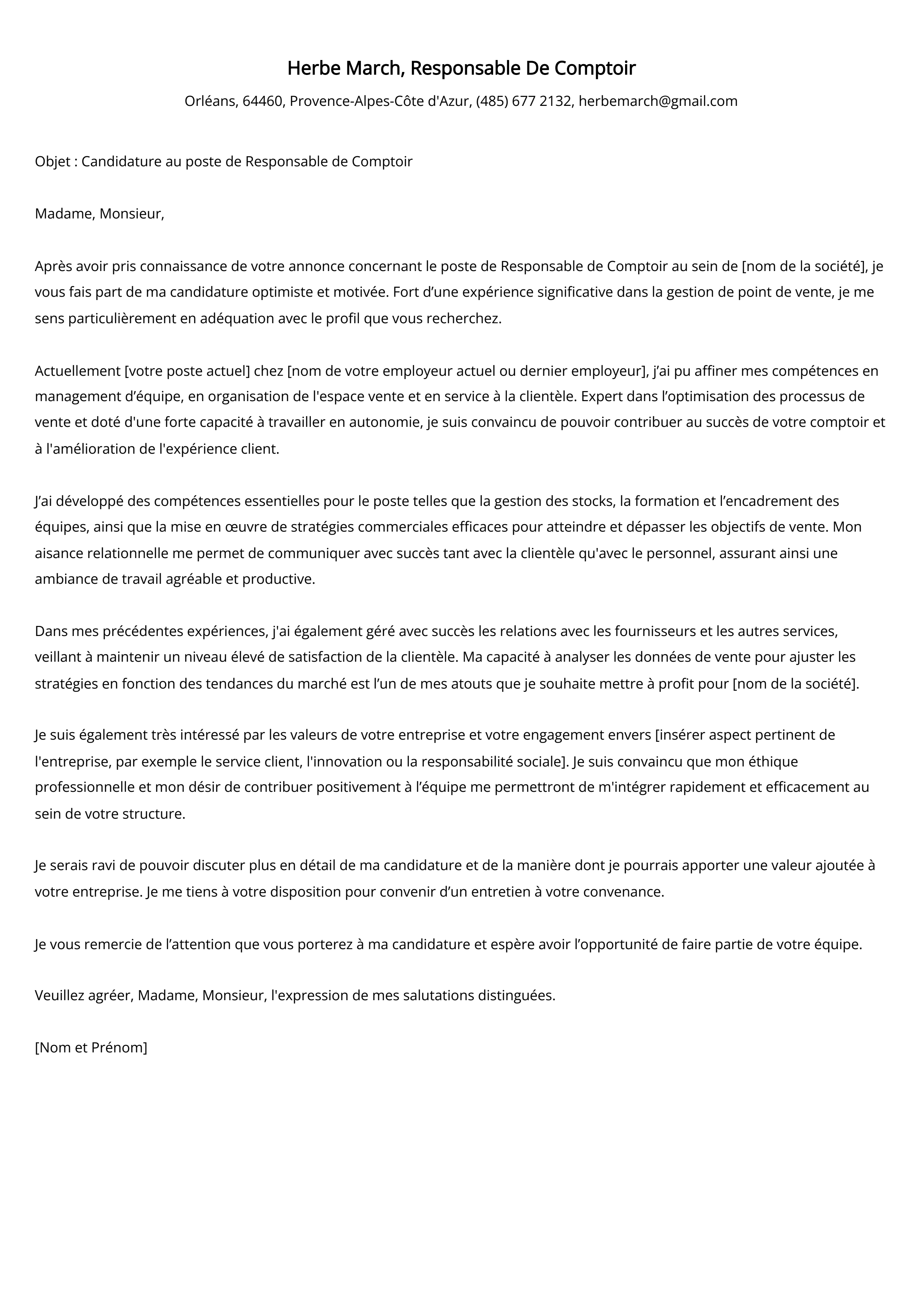 Exemple de lettre de motivation de responsable de comptoir