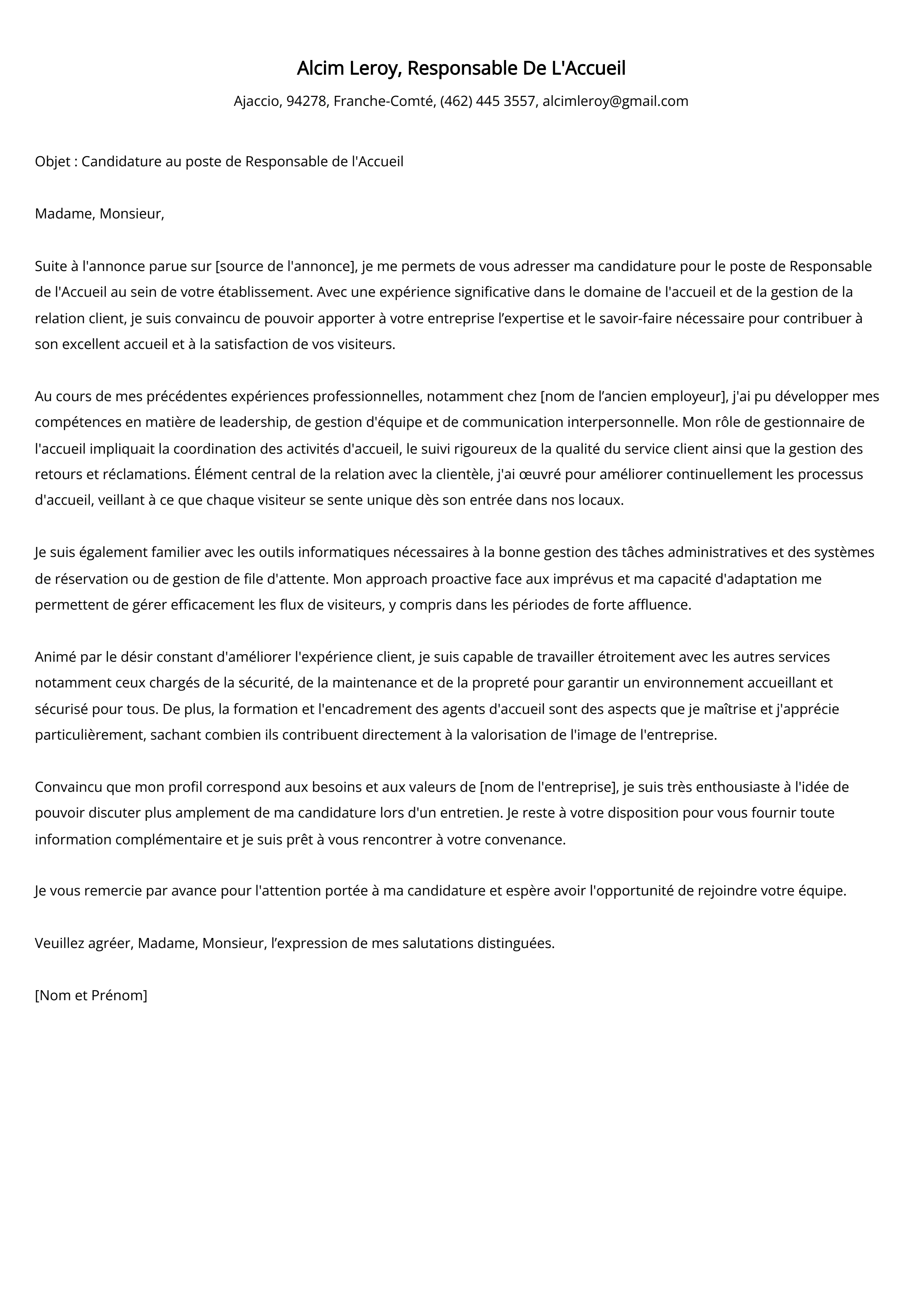 Exemple de lettre de motivation pour le responsable de l'accueil