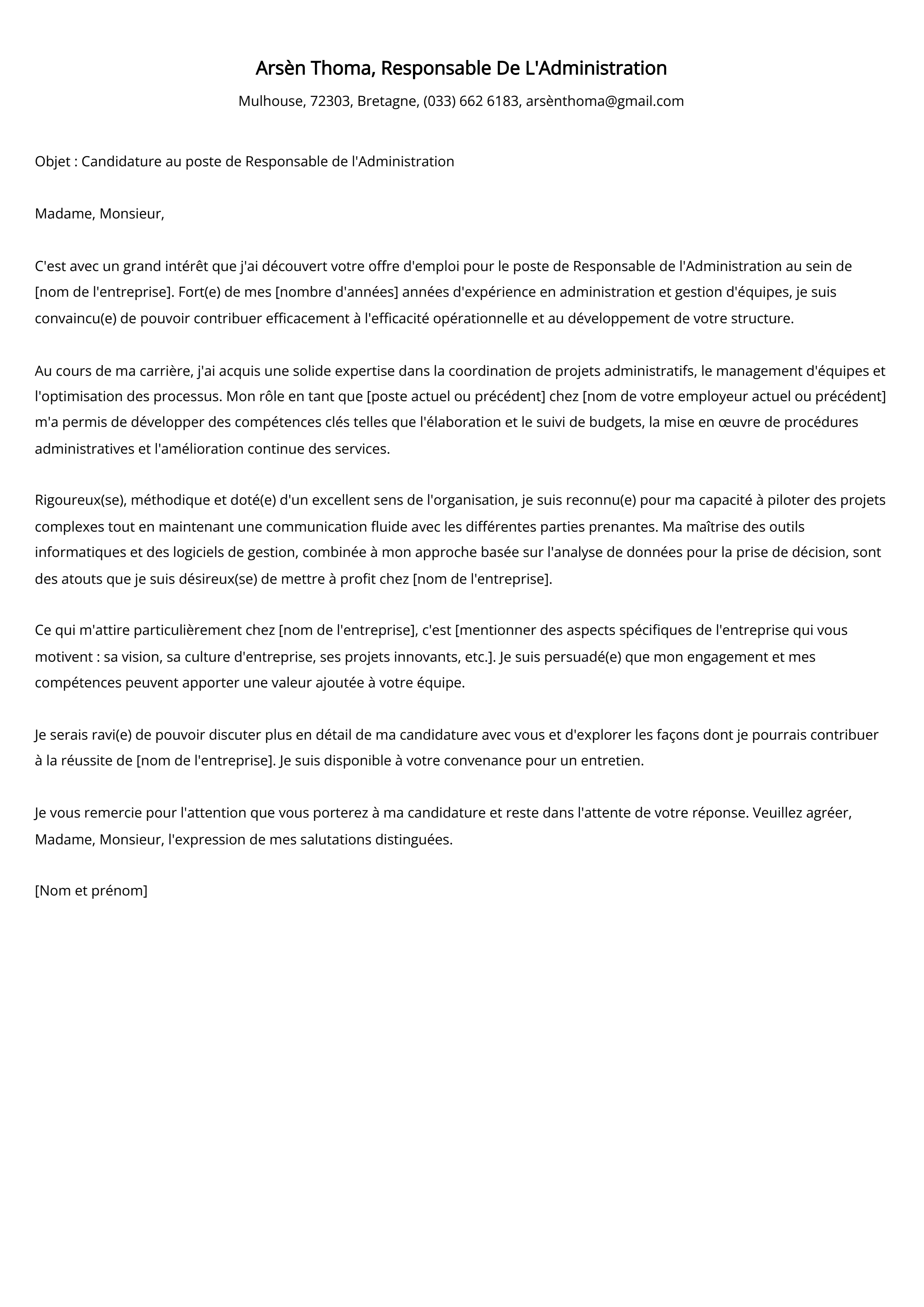 Exemple de lettre de motivation pour un responsable de l'administration