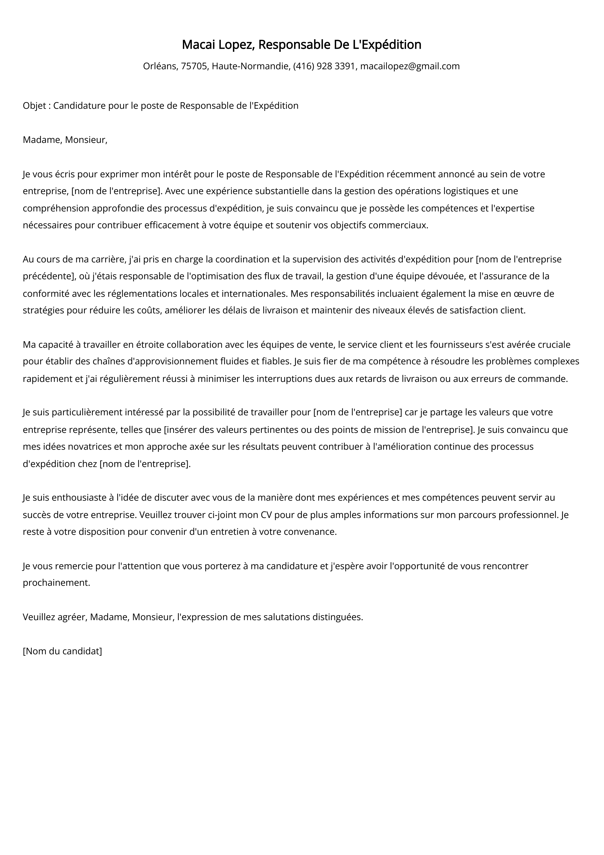 Responsable de l'expédition Exemple de lettre de motivation