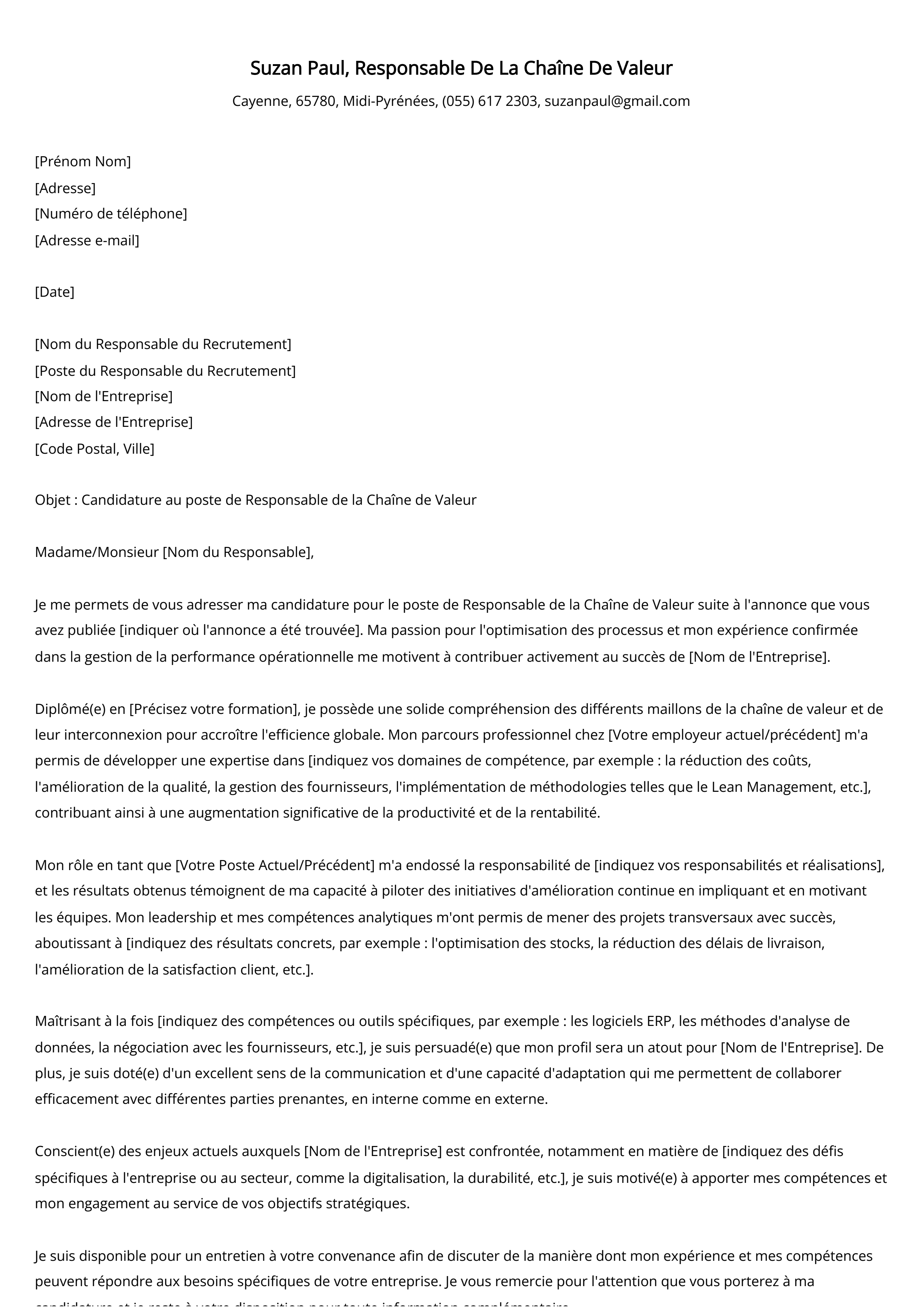 Responsable de la chaîne de valeur Exemple de lettre de motivation