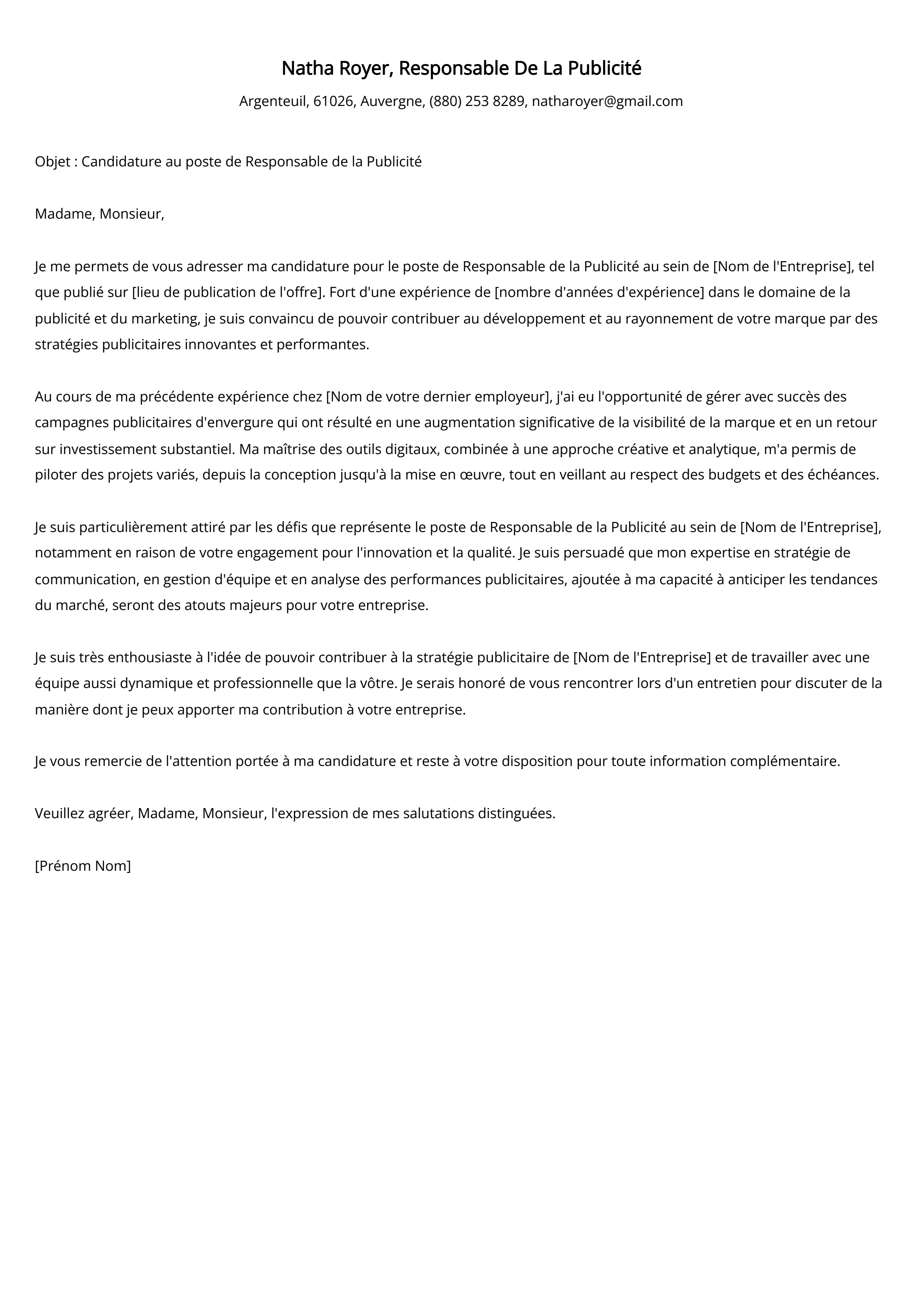 Exemple de lettre de motivation pour le responsable de la publicité