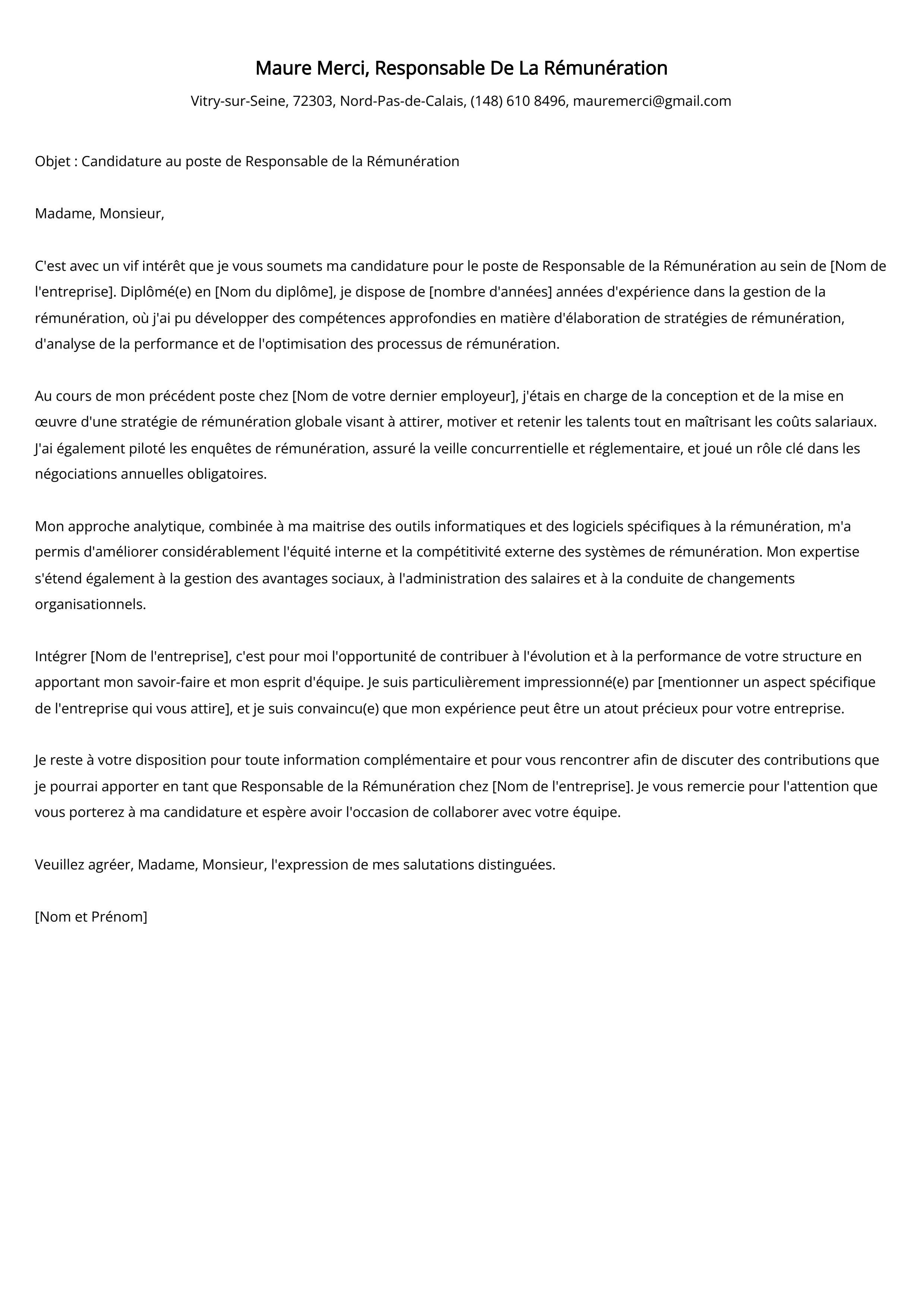 Responsable De La Rémunération Cover Letter Example