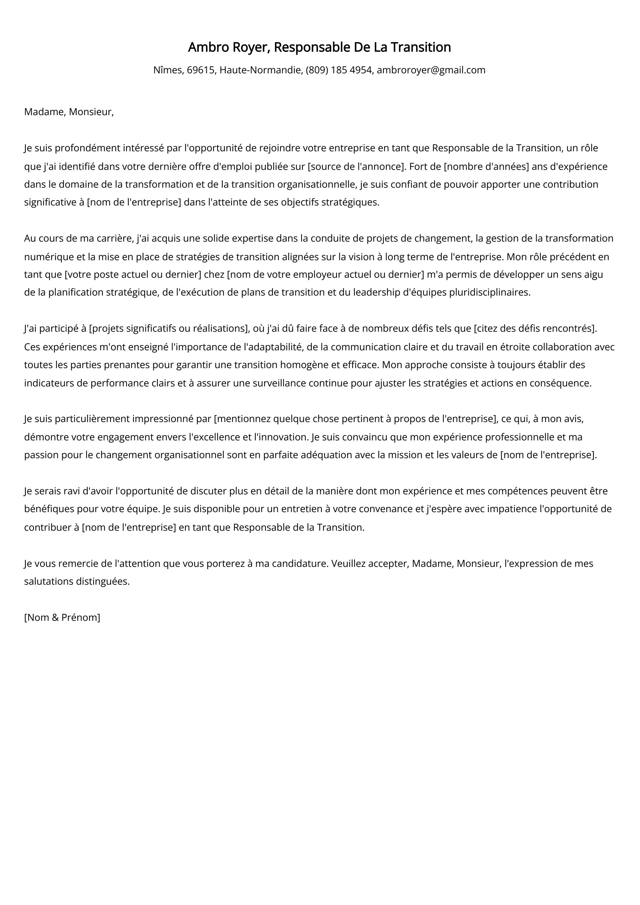 Exemple de lettre de motivation du responsable de la transition