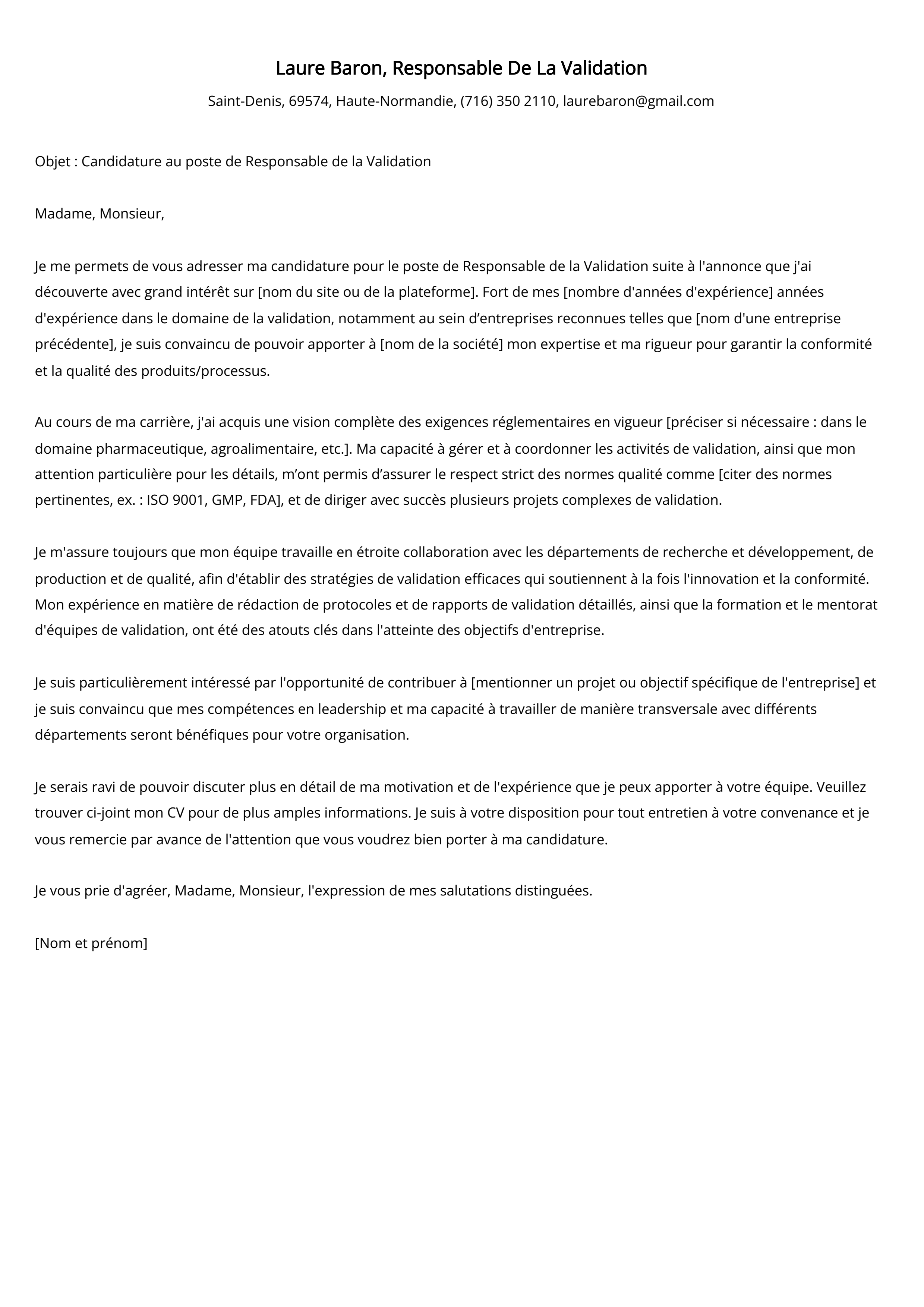 Exemple de lettre de motivation du responsable de la validation