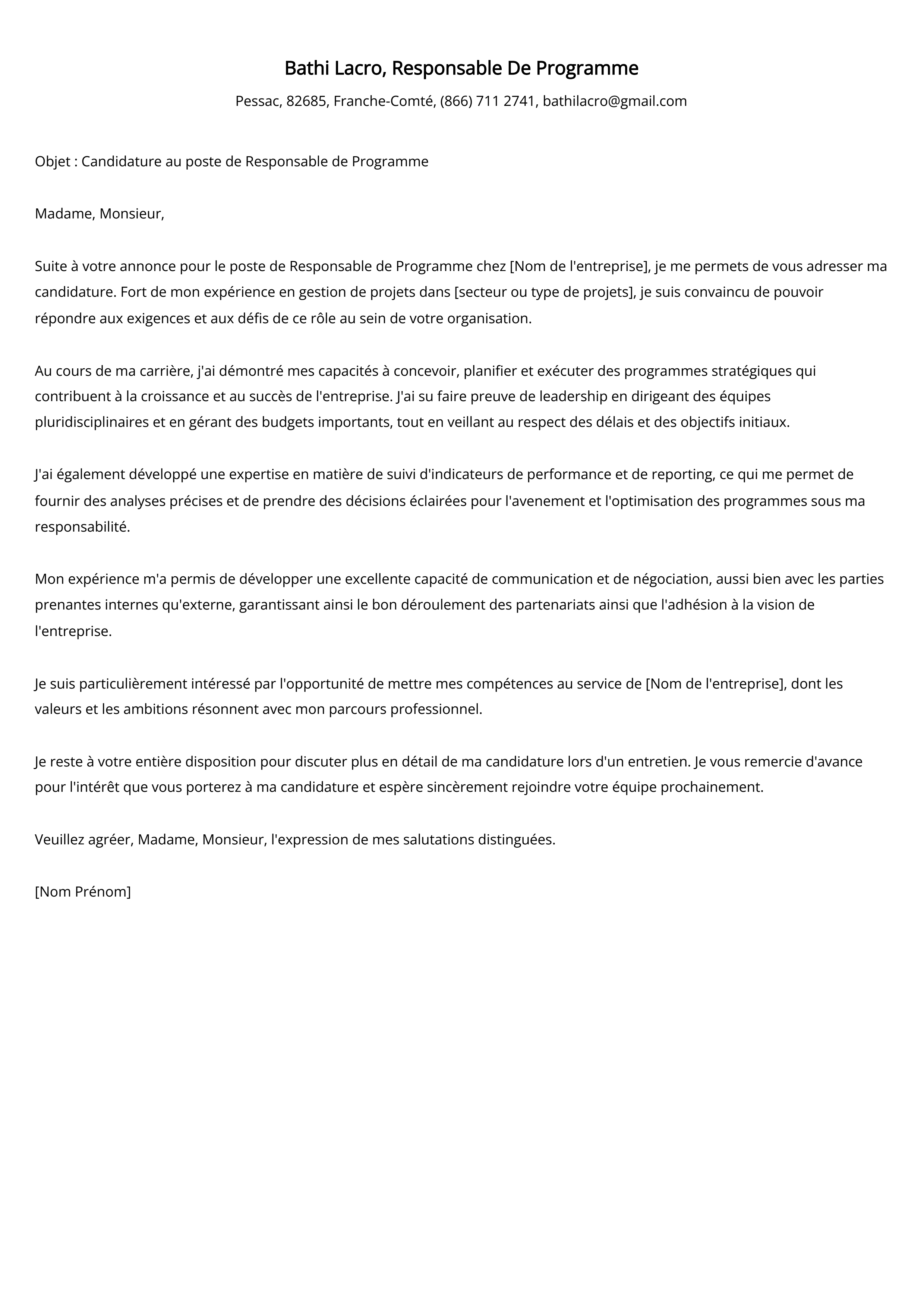 Exemple de lettre de motivation pour un responsable de programme