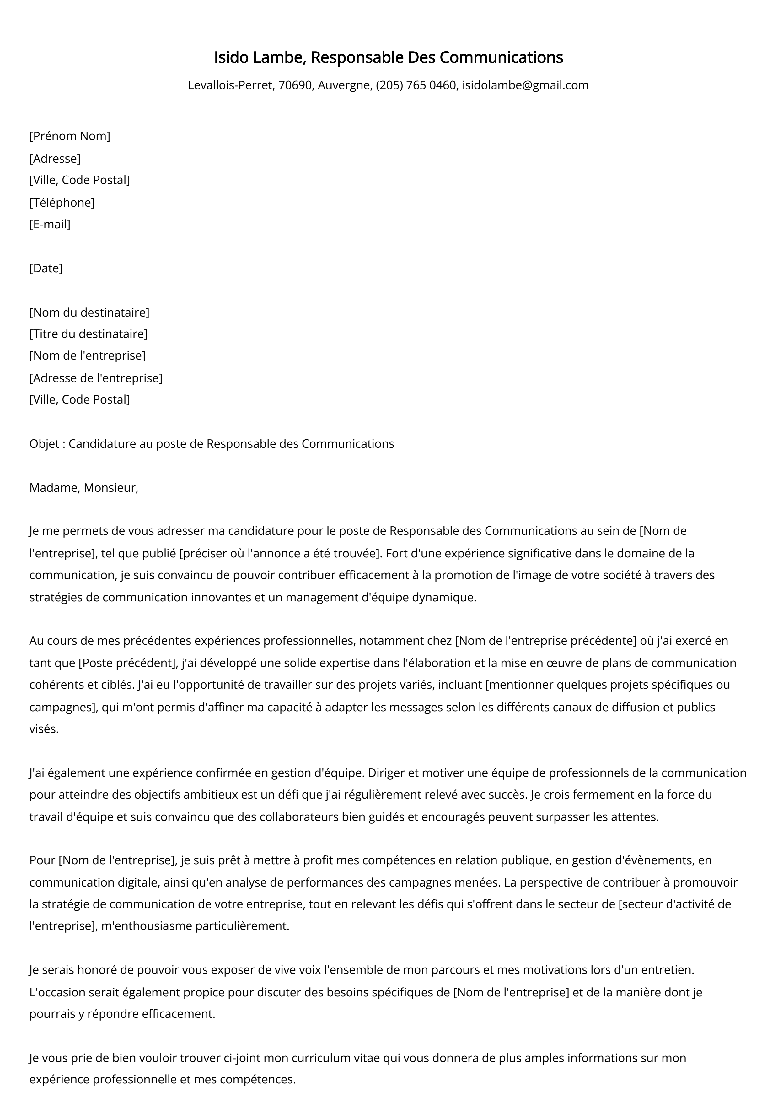 Exemple de lettre de couverture pour le responsable des communications