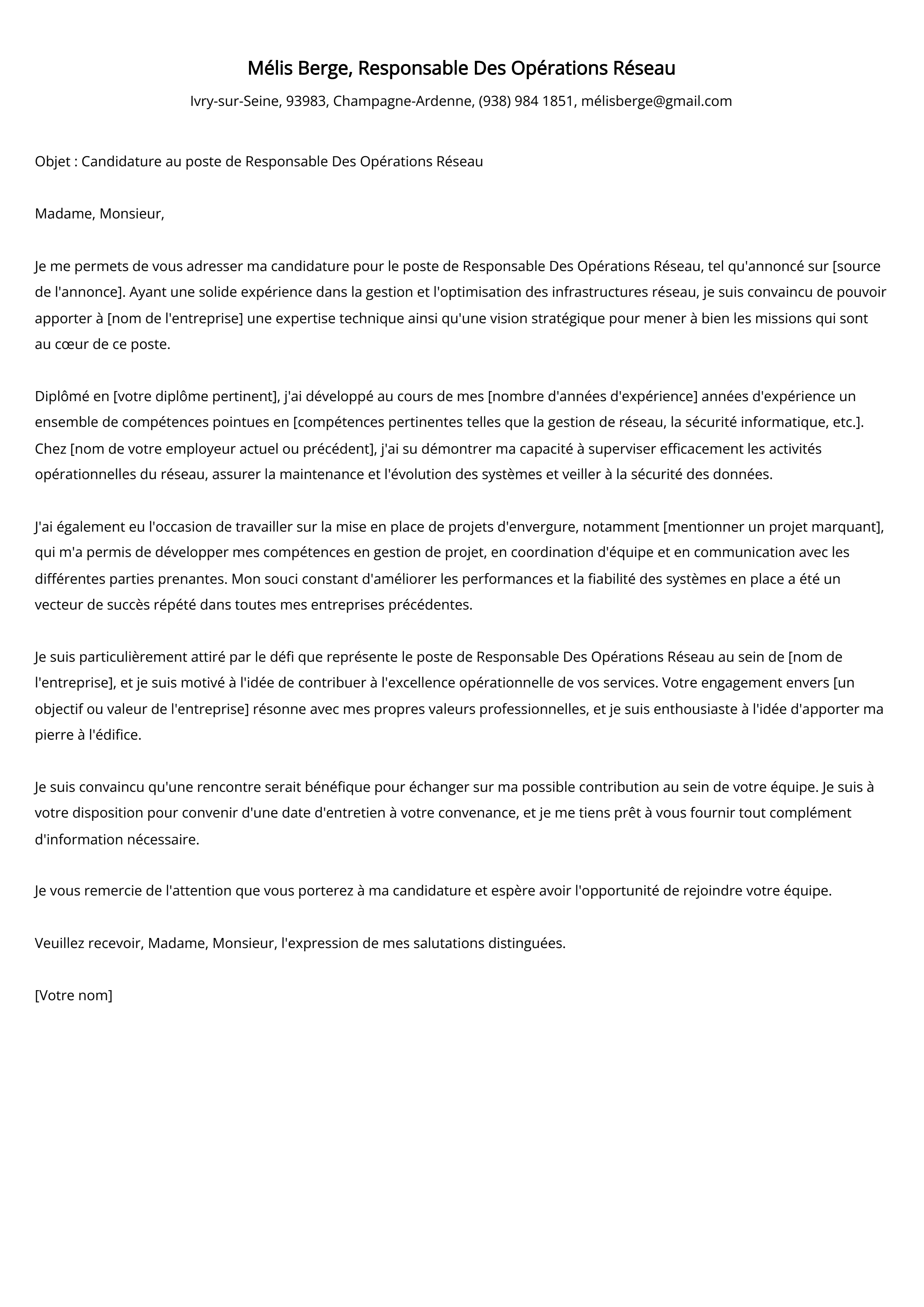 Responsable Des Opérations Réseau Cover Letter Example