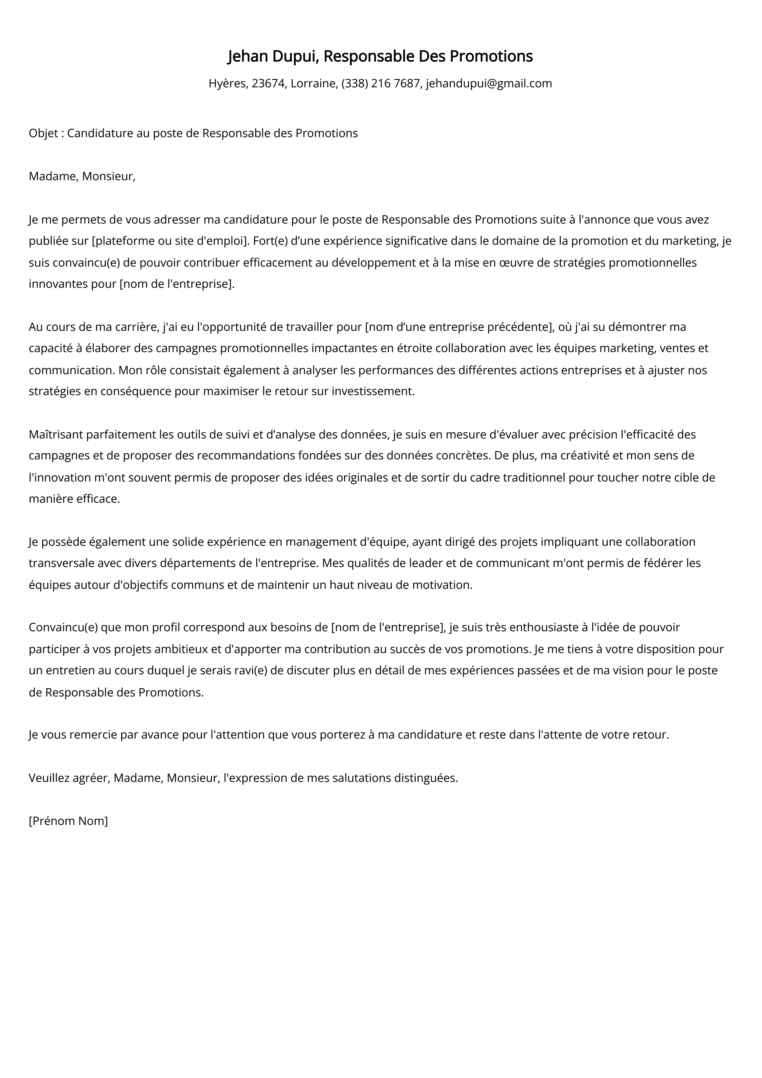 Exemple de lettre de motivation pour le responsable des promotions