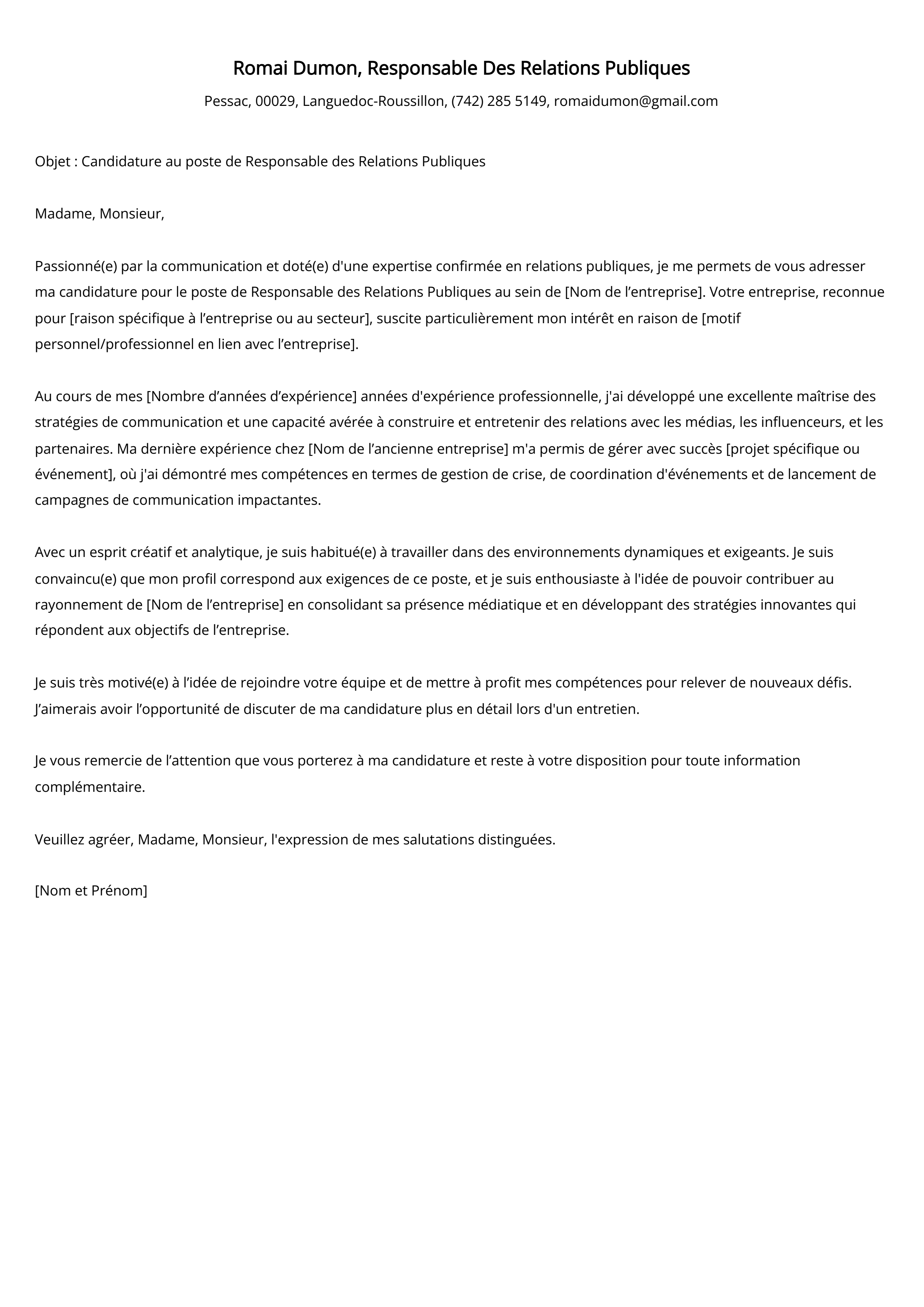 Exemple de lettre de motivation pour un responsable des relations publiques