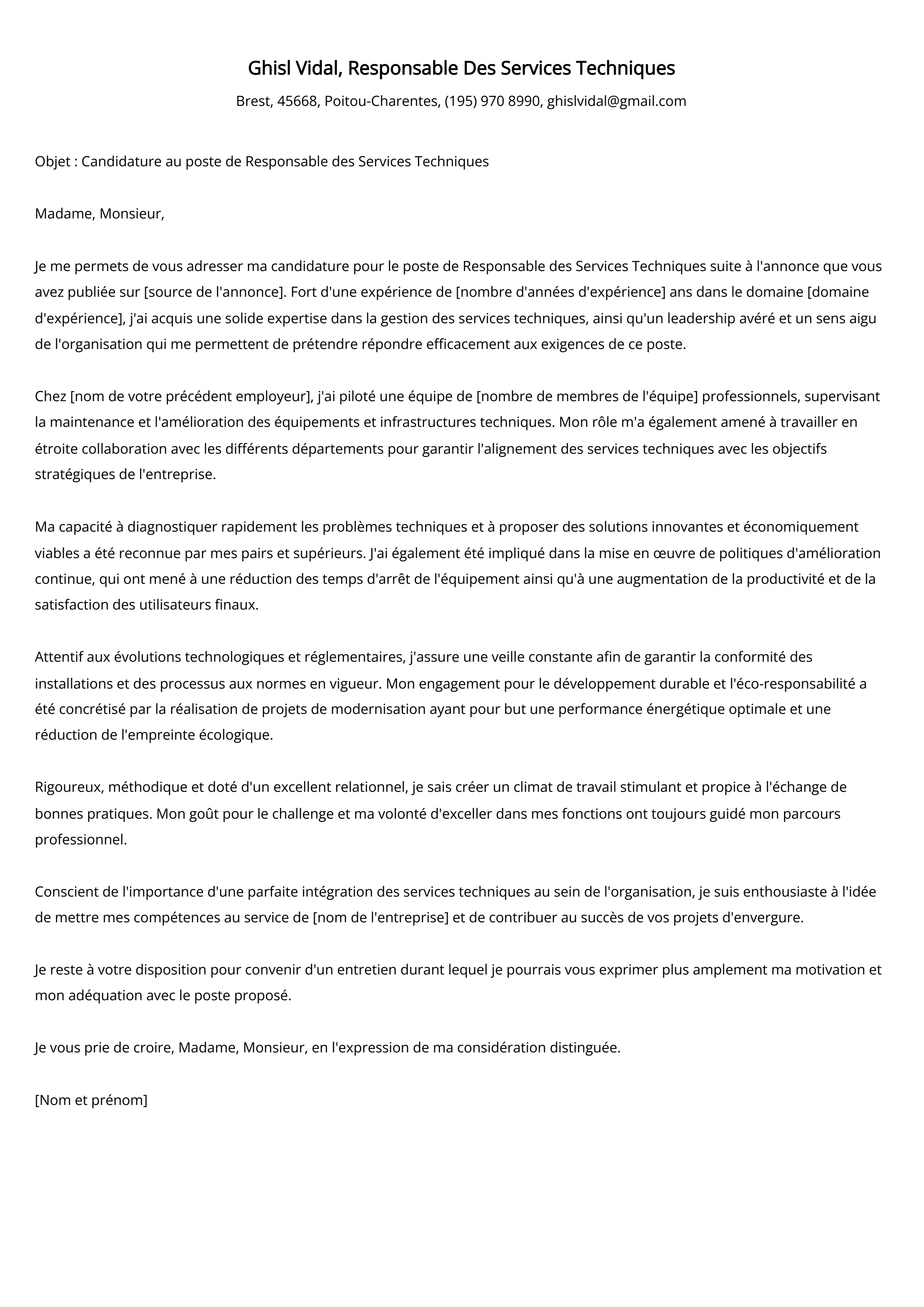 Responsable Des Services Techniques Cover Letter Example