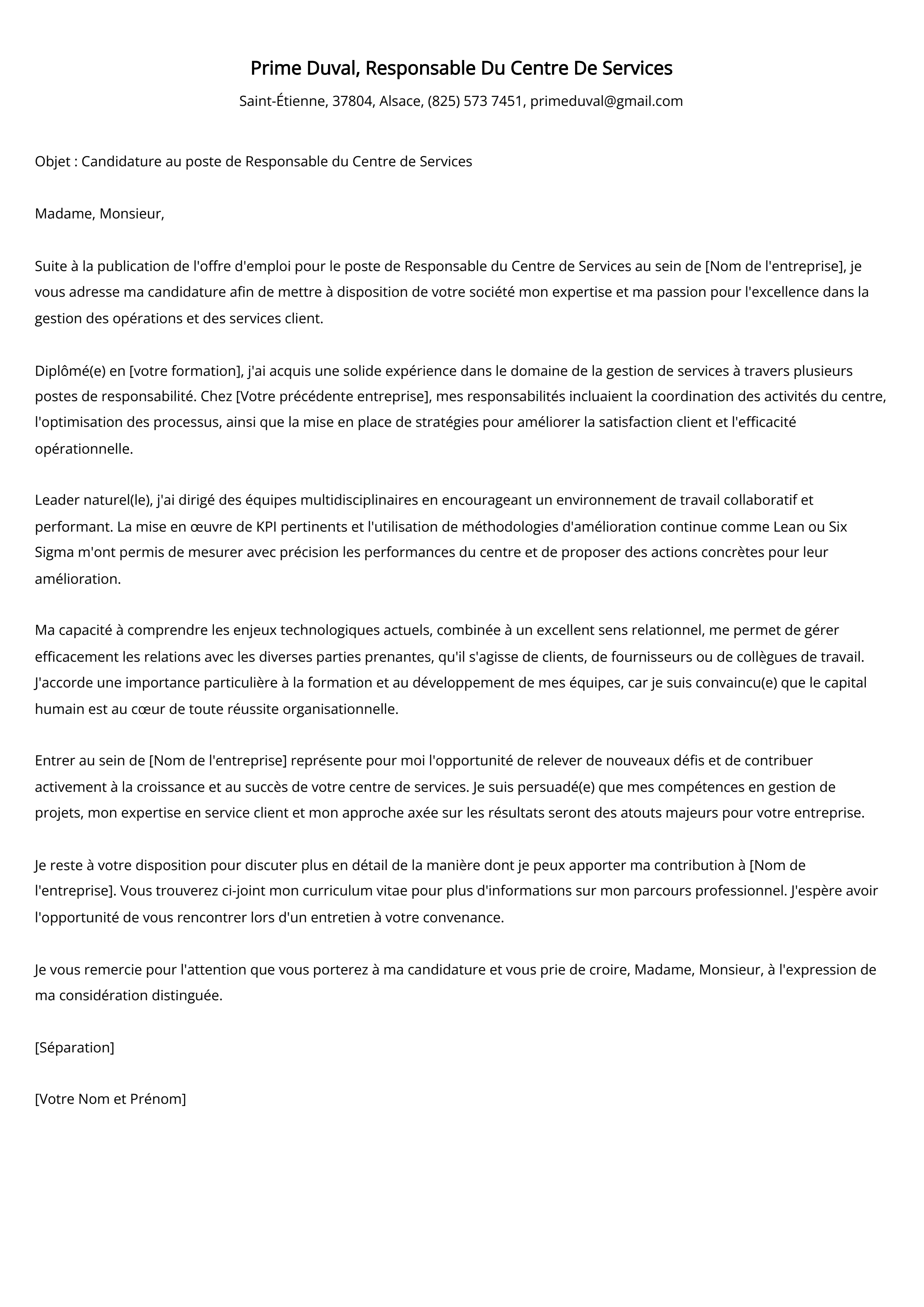 Responsable Du Centre De Services Exemple de lettre de motivation