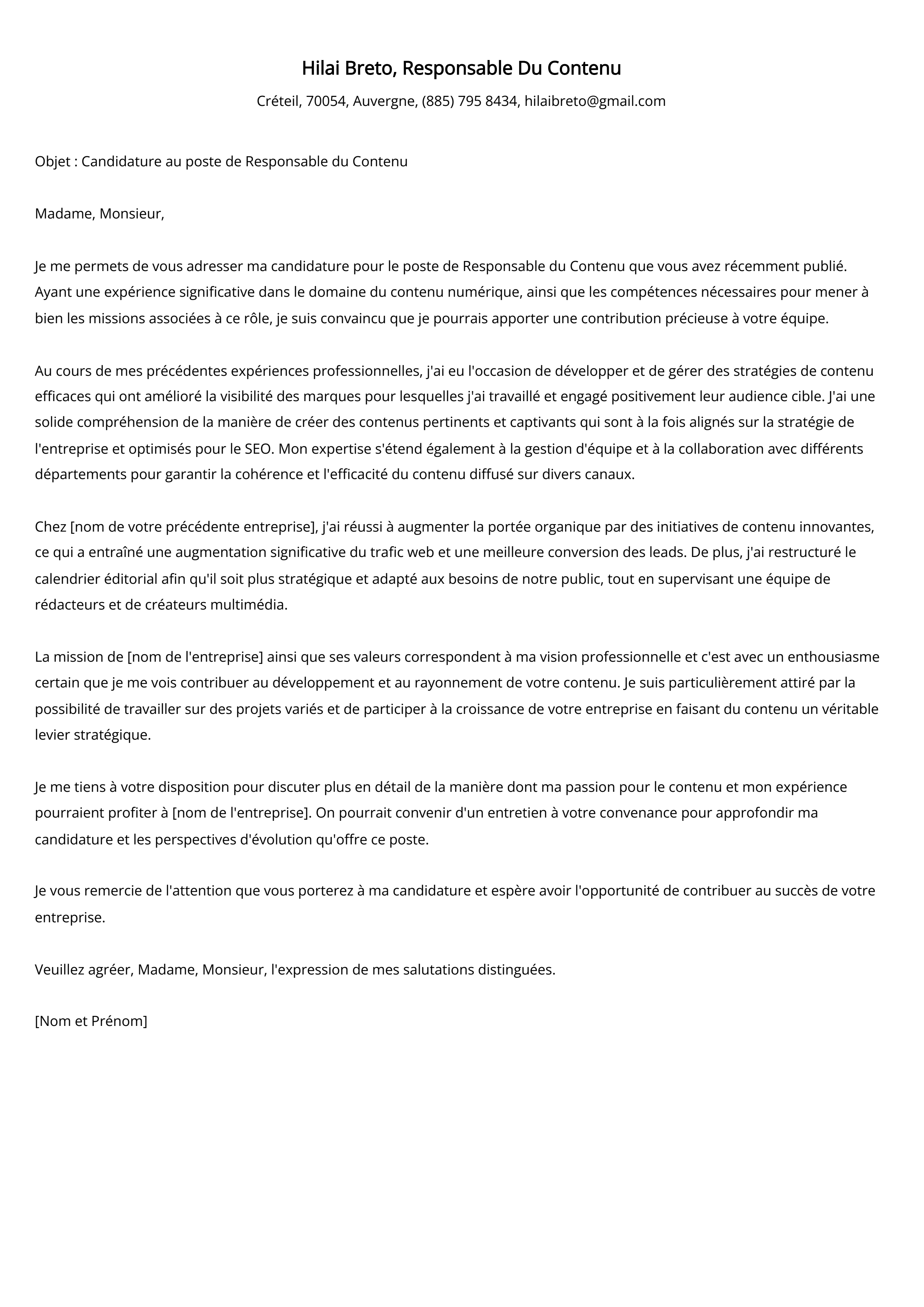 Exemple de lettre de motivation du responsable du contenu