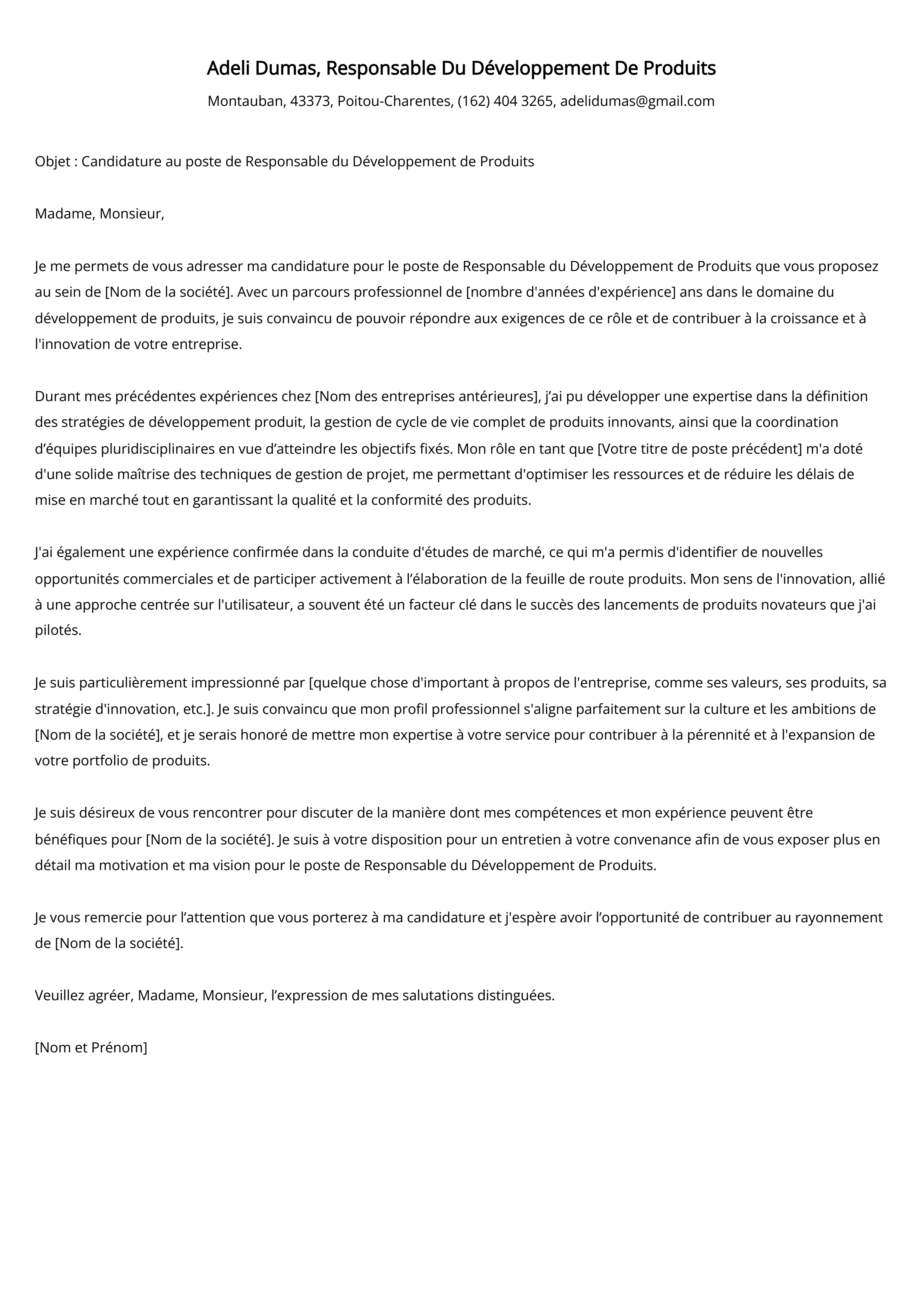 Responsable Du Développement De Produits Cover Letter Example