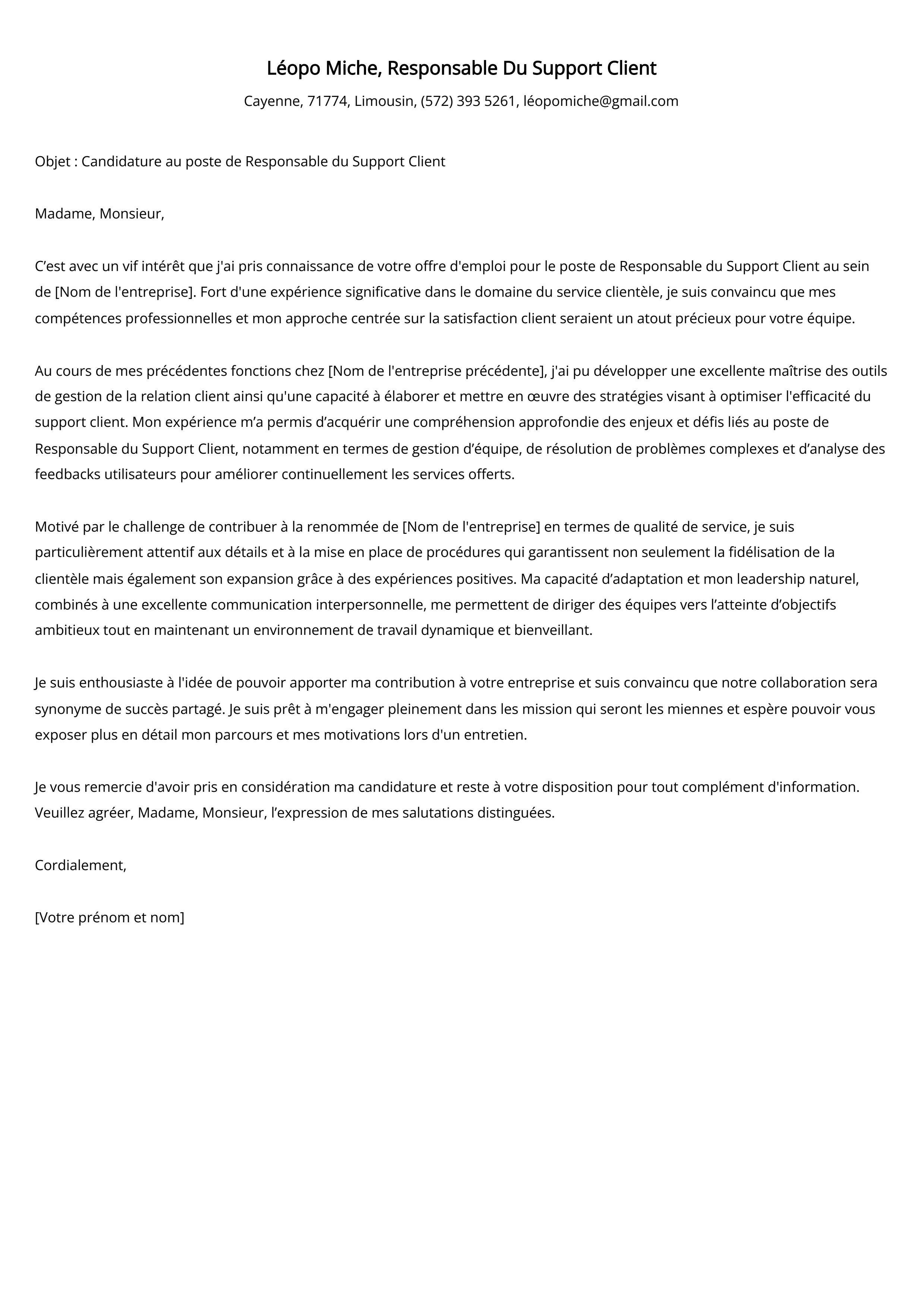 Responsable Du Support Client Cover Letter Example