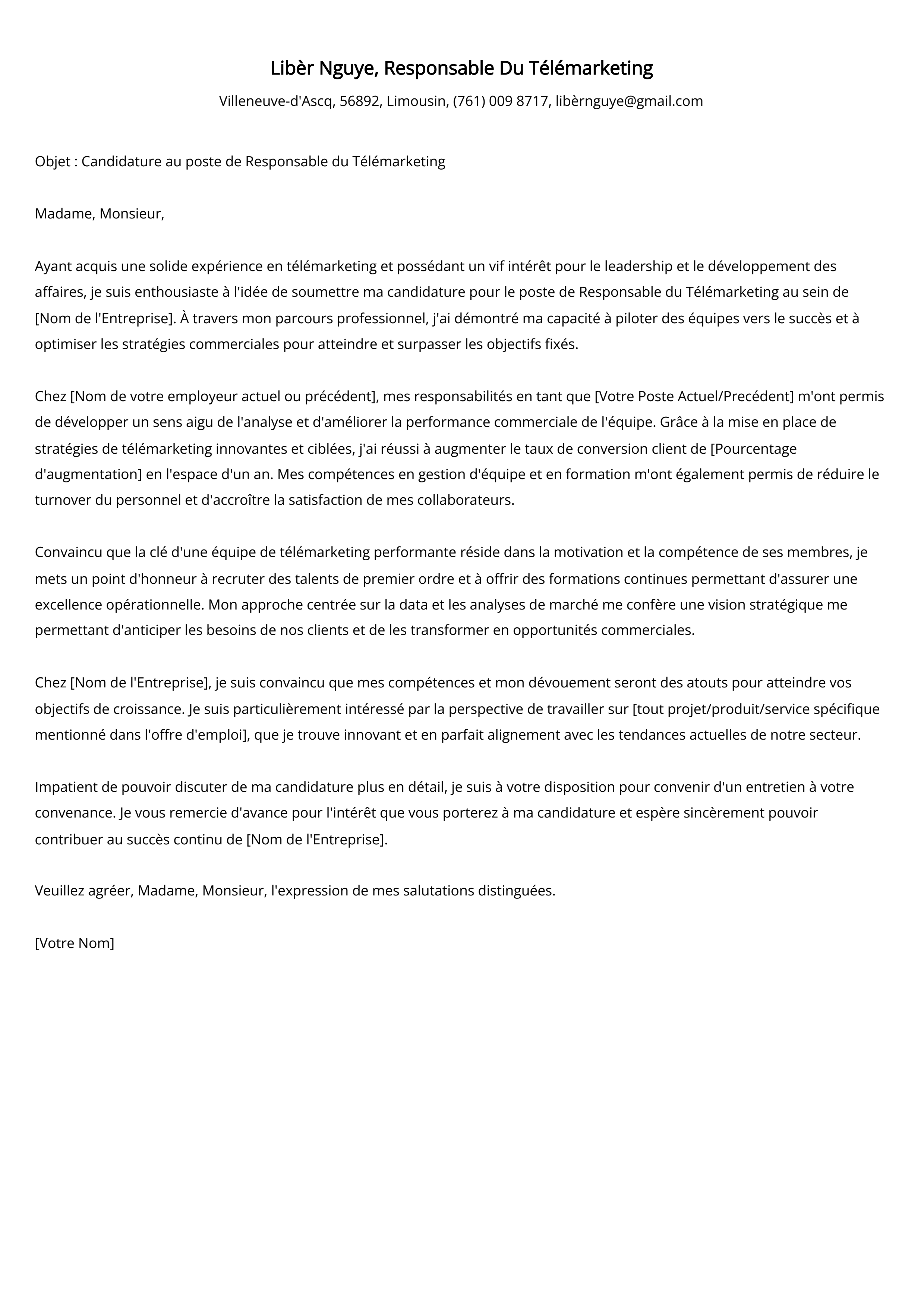 Responsable Du Télémarketing Cover Letter Example