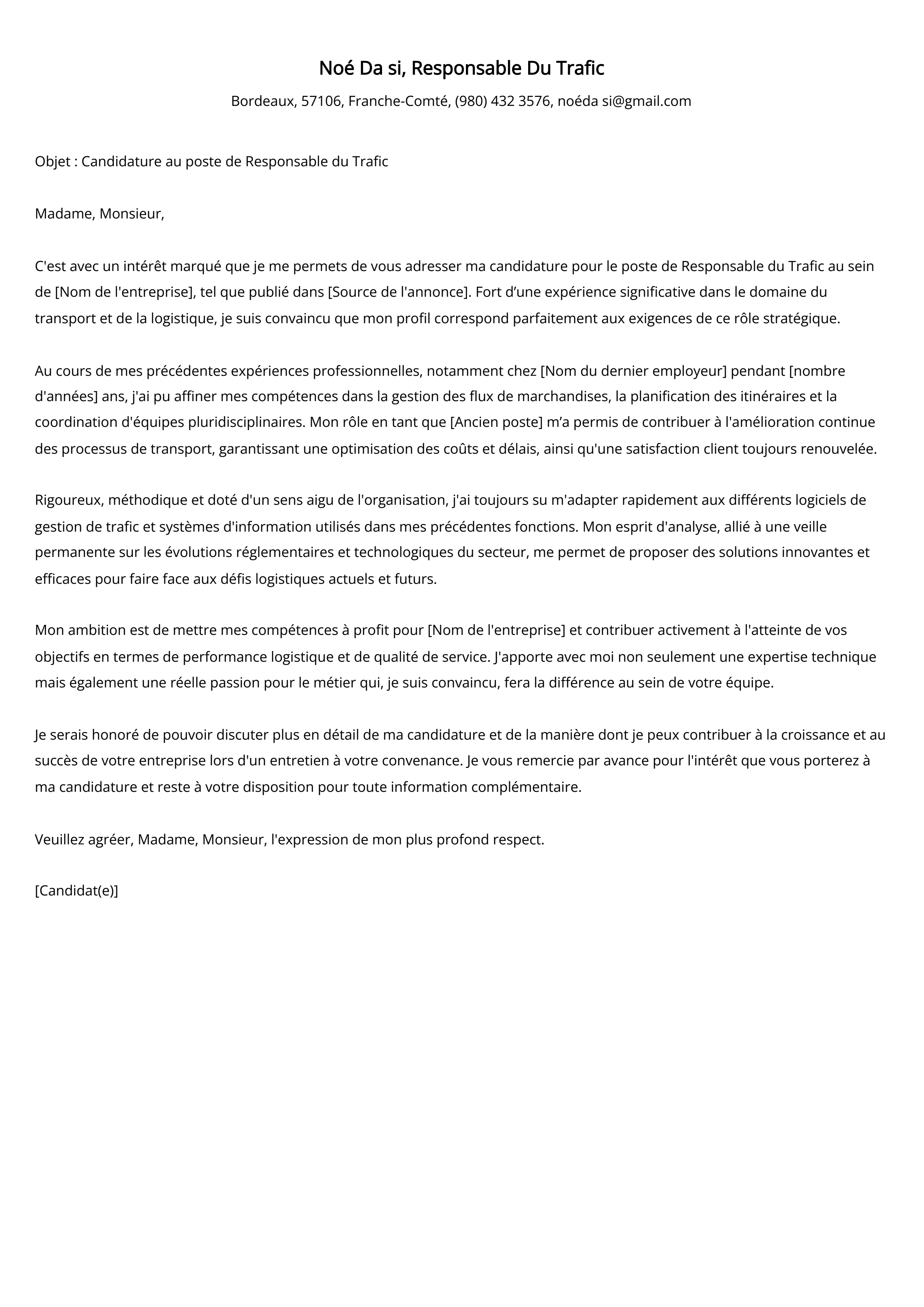 Exemple de lettre de motivation pour le responsable du trafic