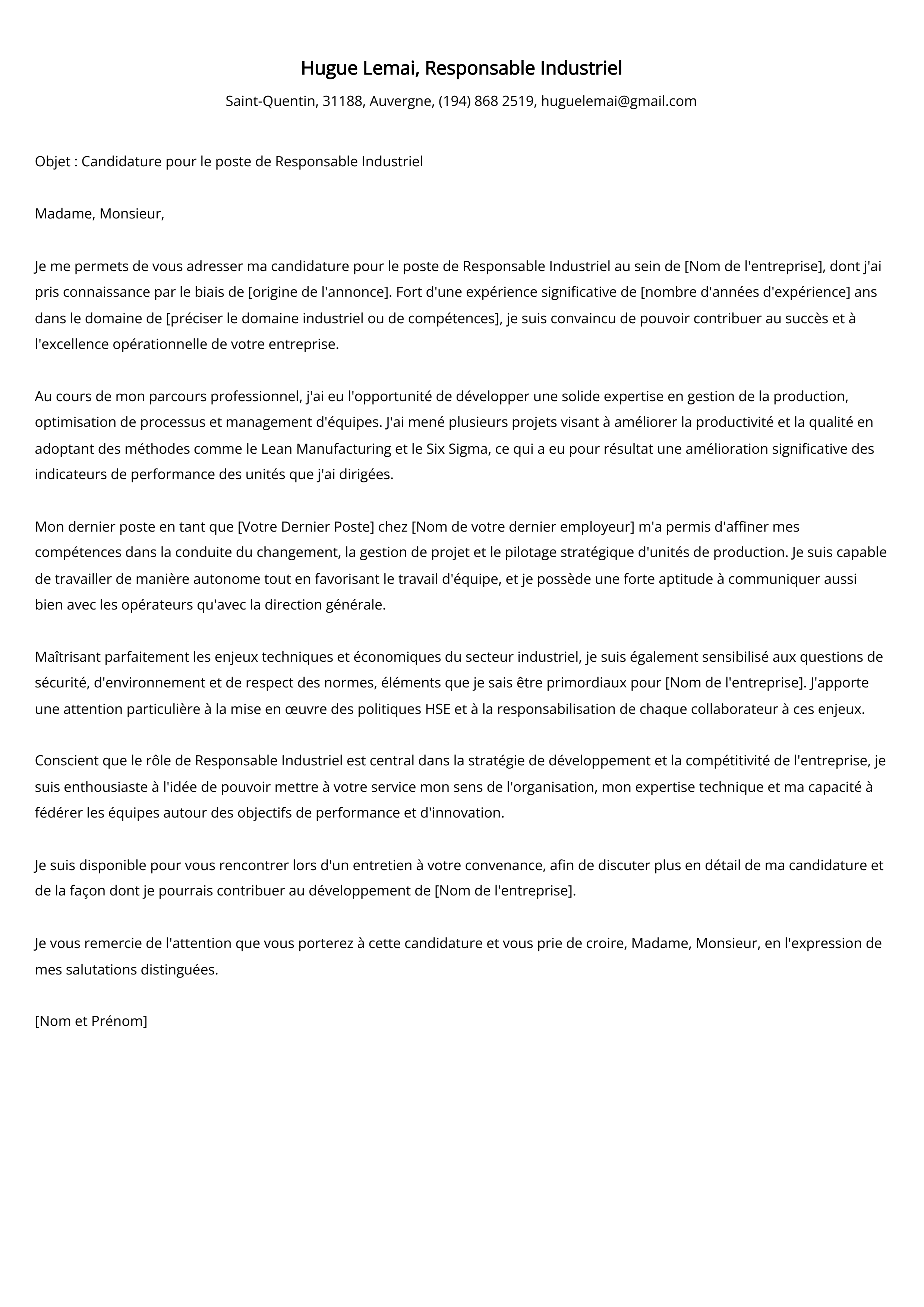 Exemple de lettre de motivation pour un responsable industriel