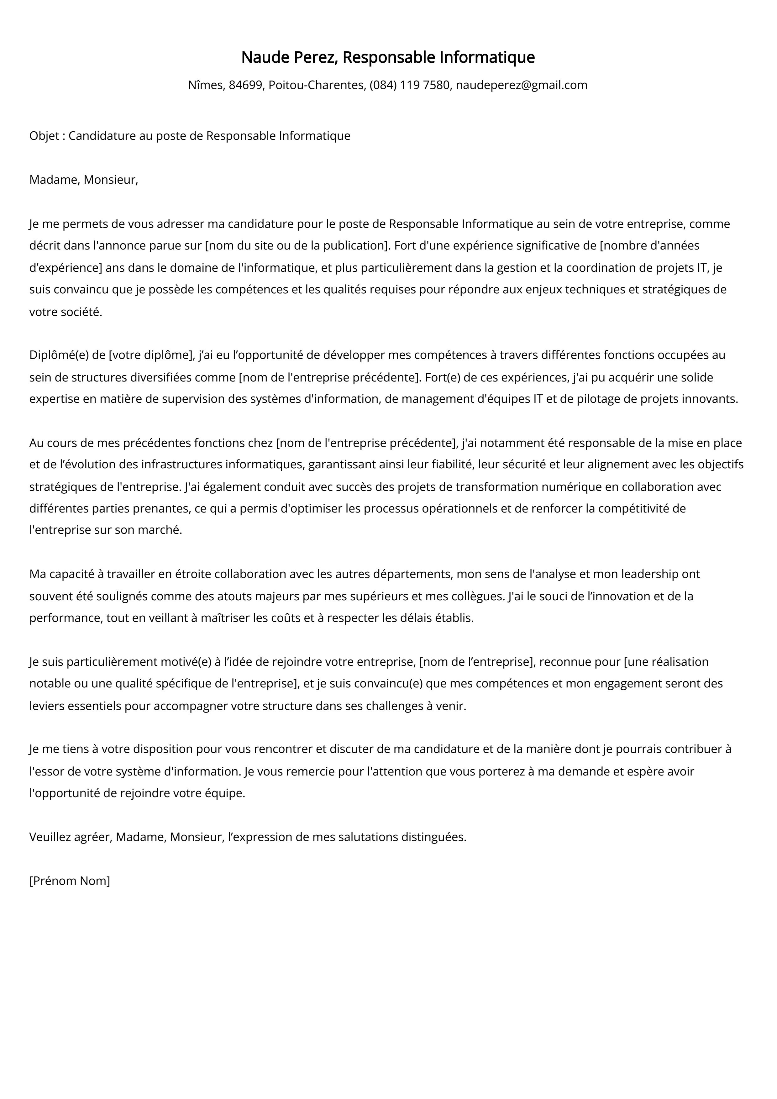 Exemple de lettre de motivation de responsable informatique