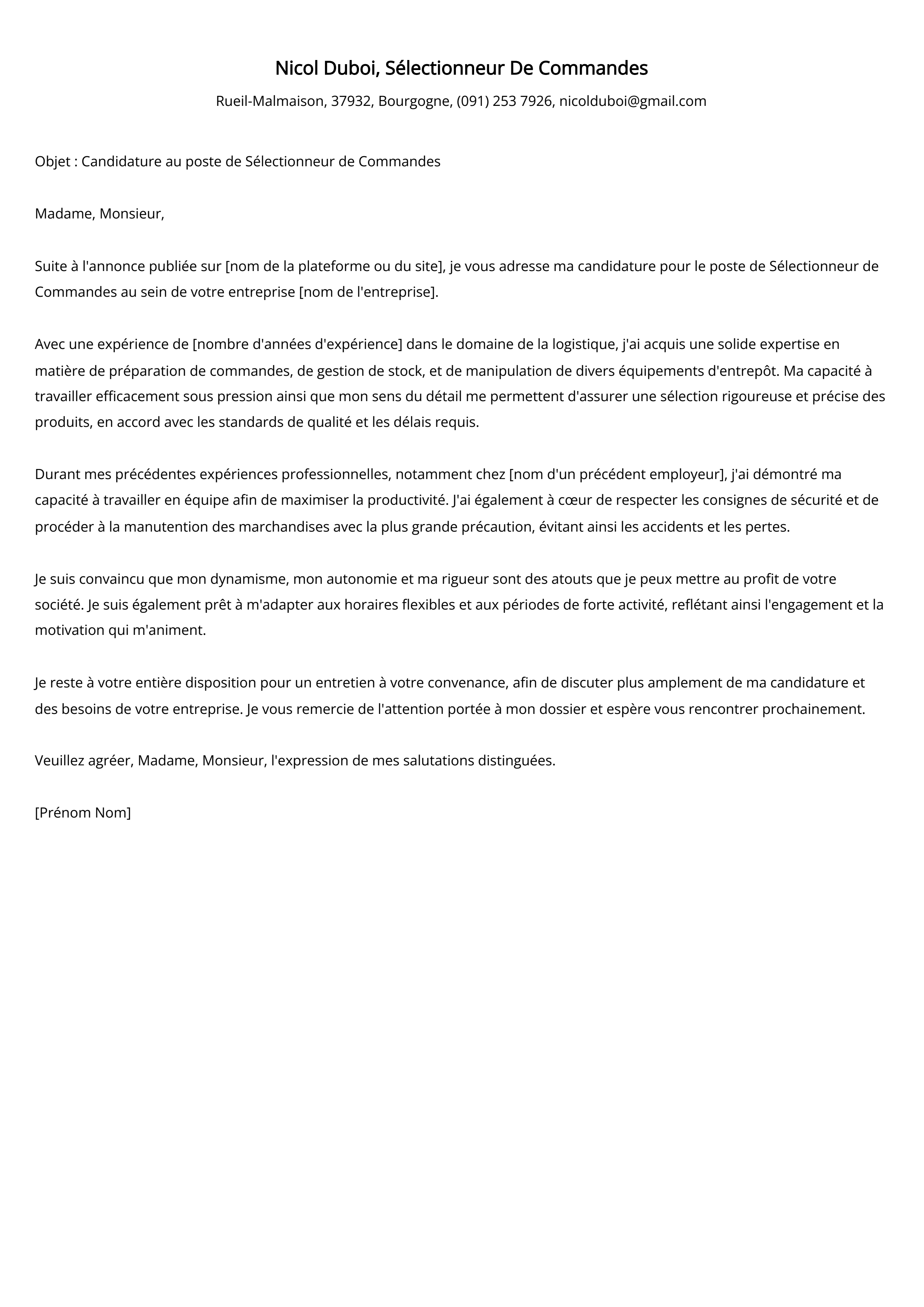 Sélectionneur De Commandes Cover Letter Example