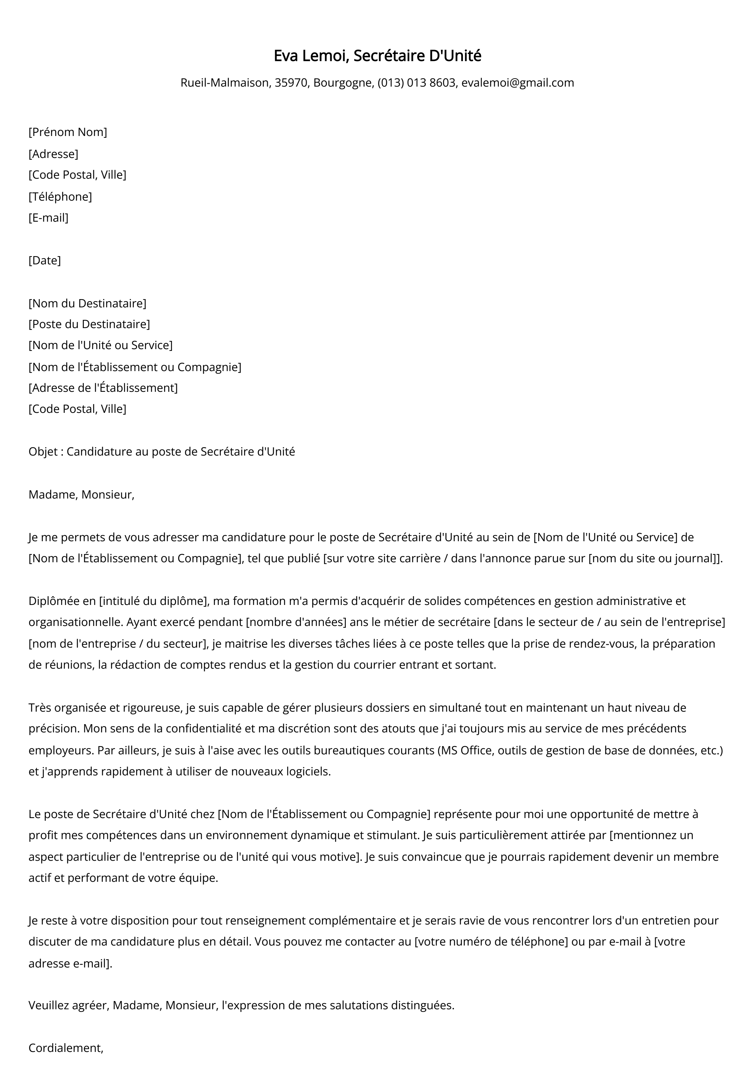 Lettre de motivation du secrétaire d'unité