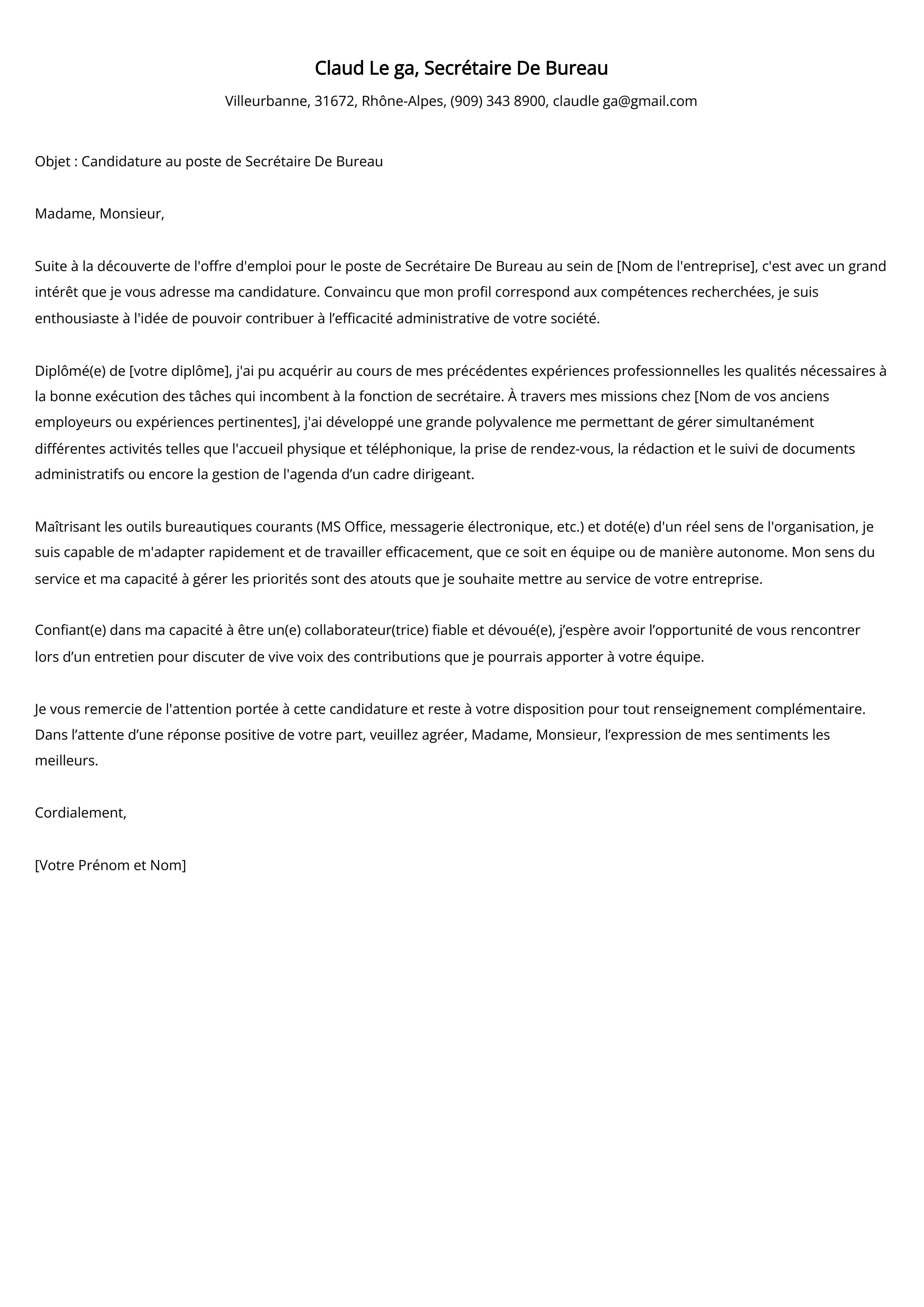 Secrétaire De Bureau Cover Letter Example