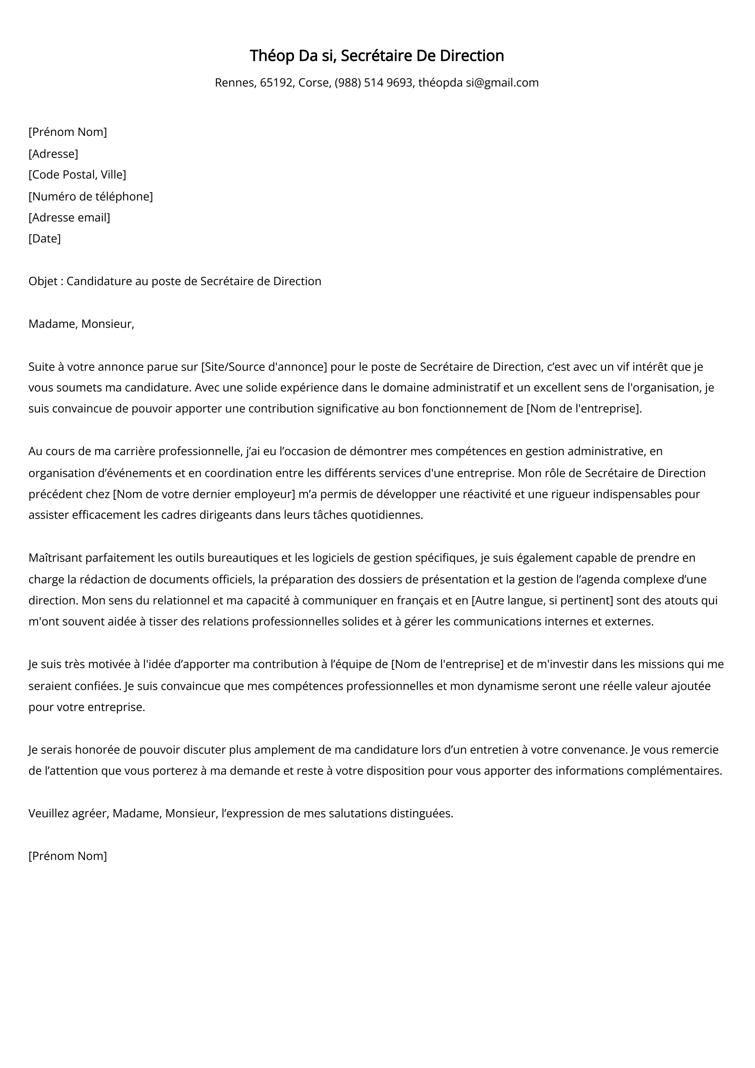 Secrétaire De Direction Cover Letter Example