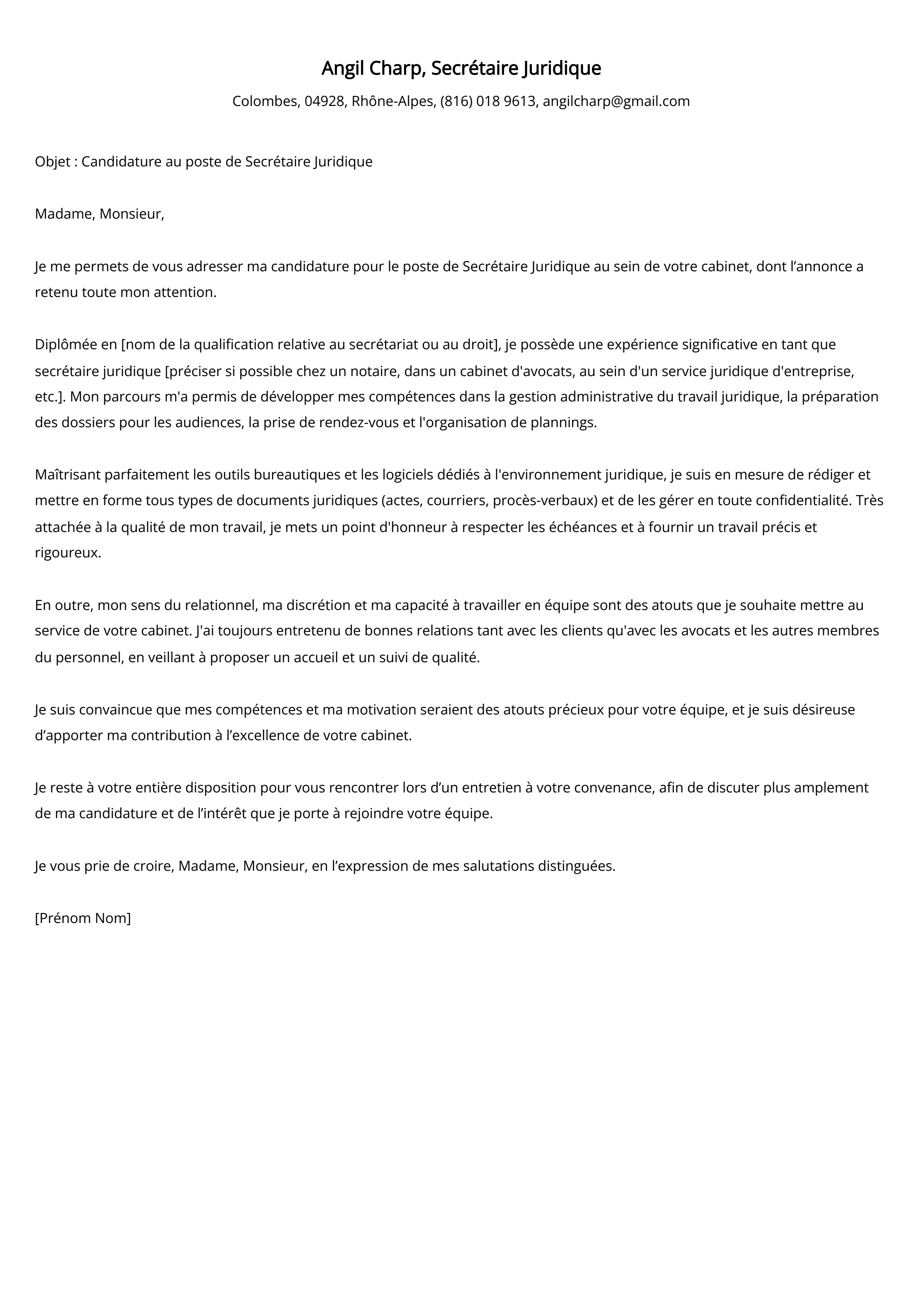 Secrétaire Juridique Cover Letter Example