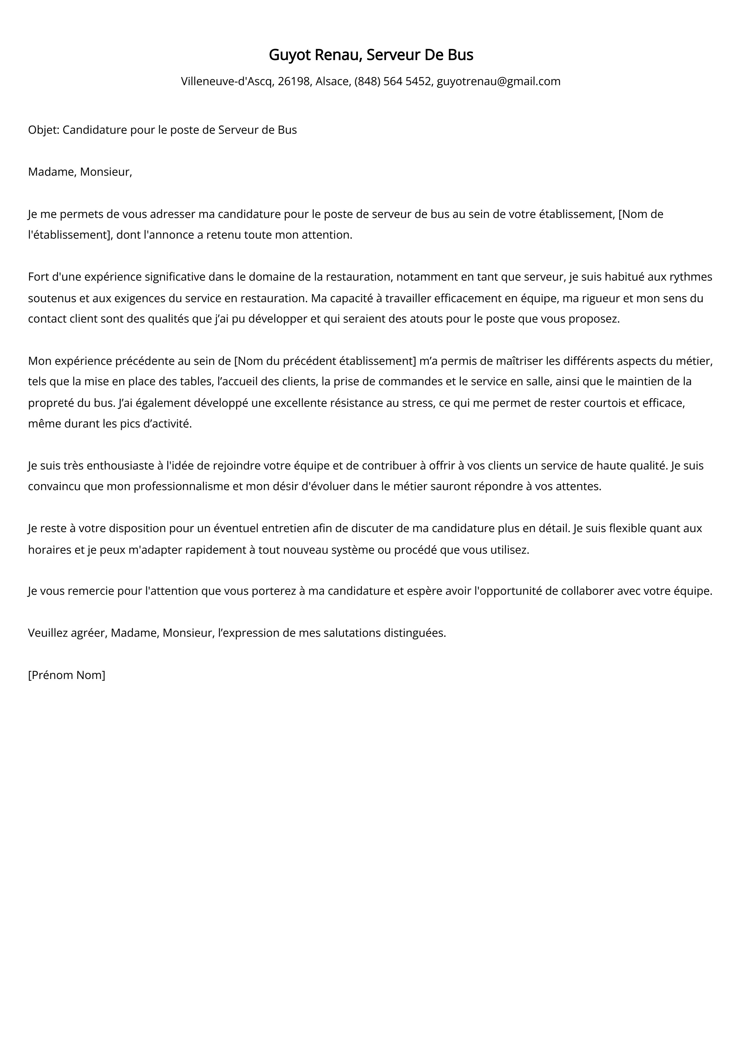 Serveur De Bus Cover Letter Example