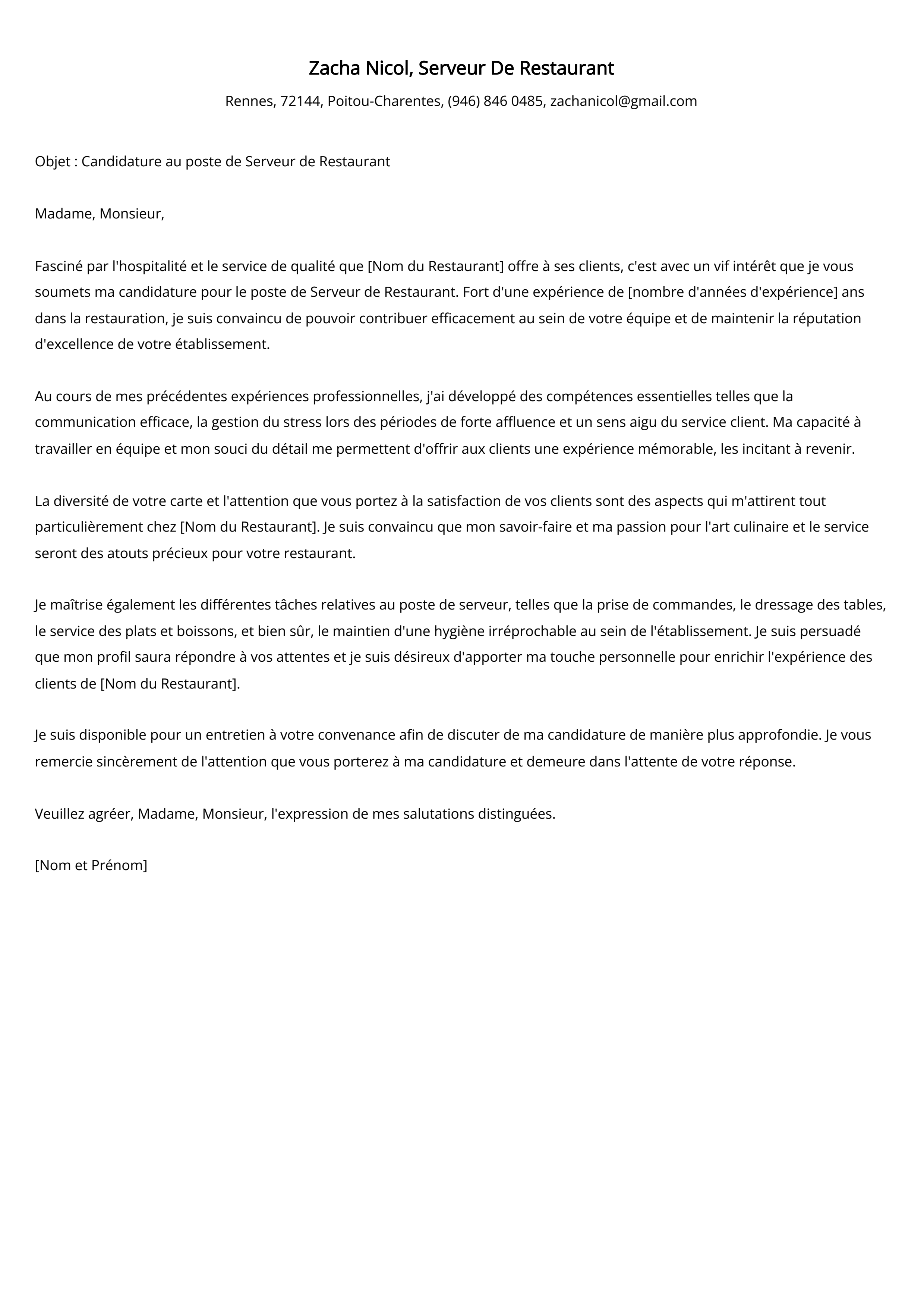 Serveur De Restaurant Cover Letter Example