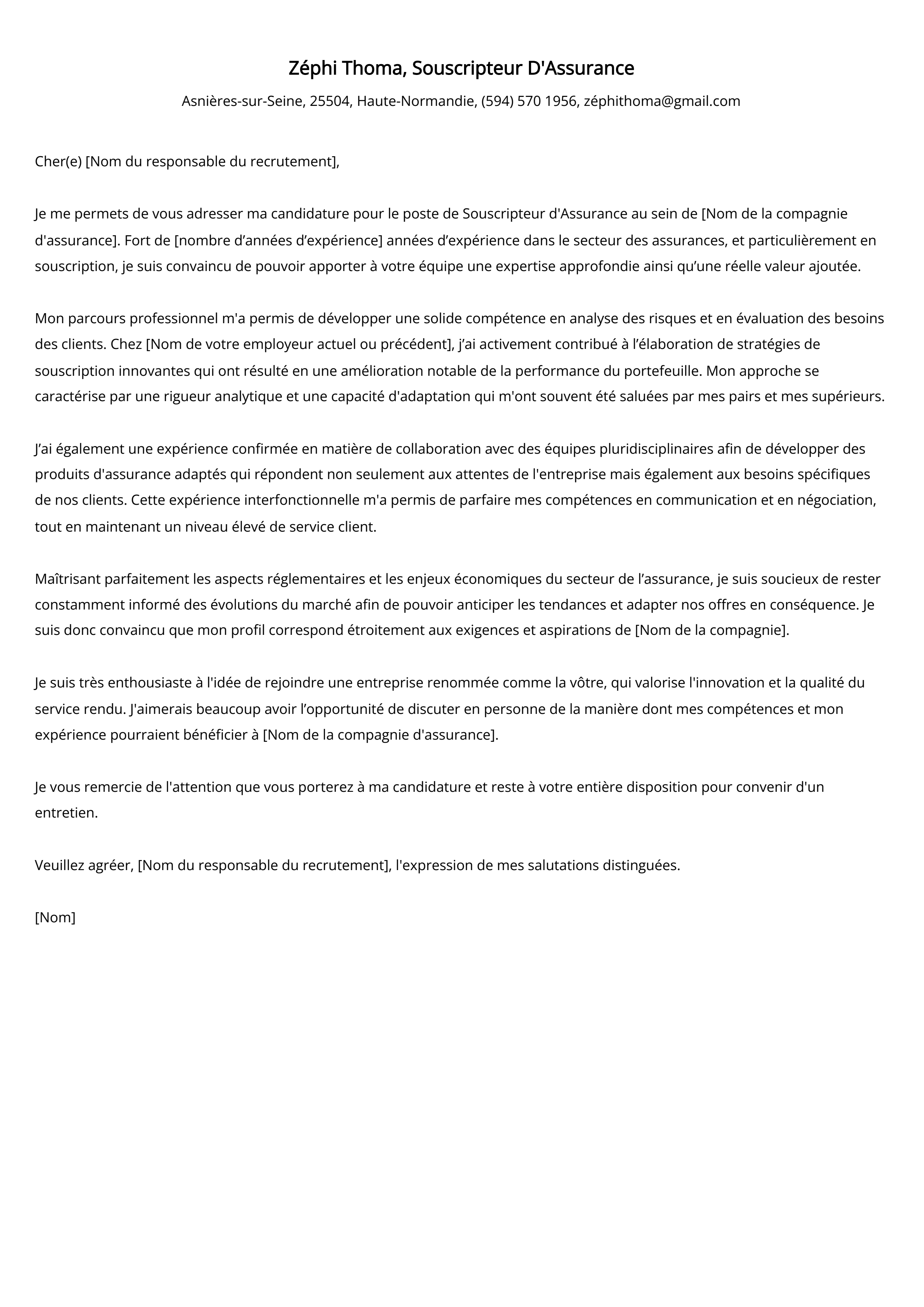 Lettre de motivation du souscripteur d'assurance