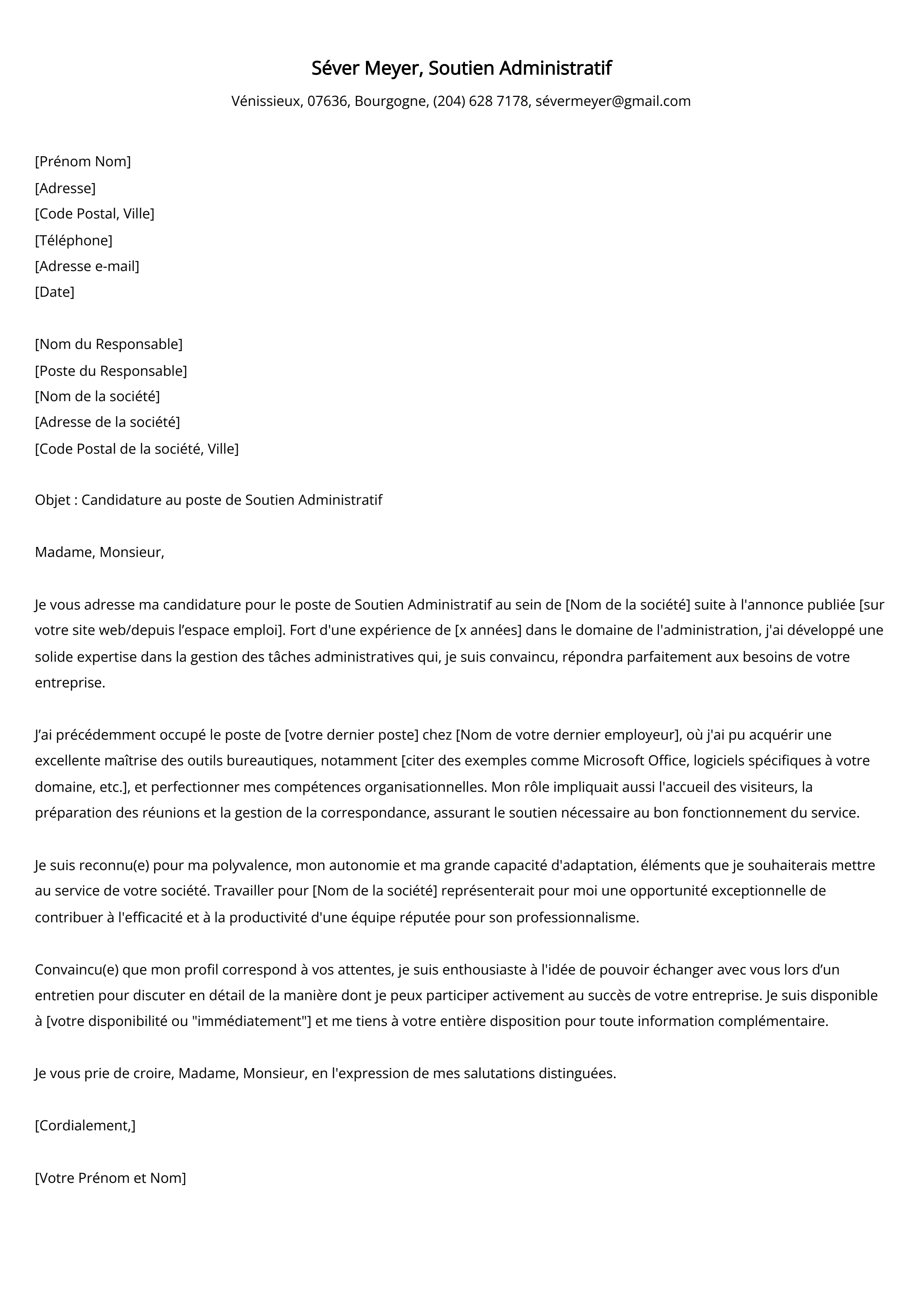 Soutien Administratif Cover Letter Example