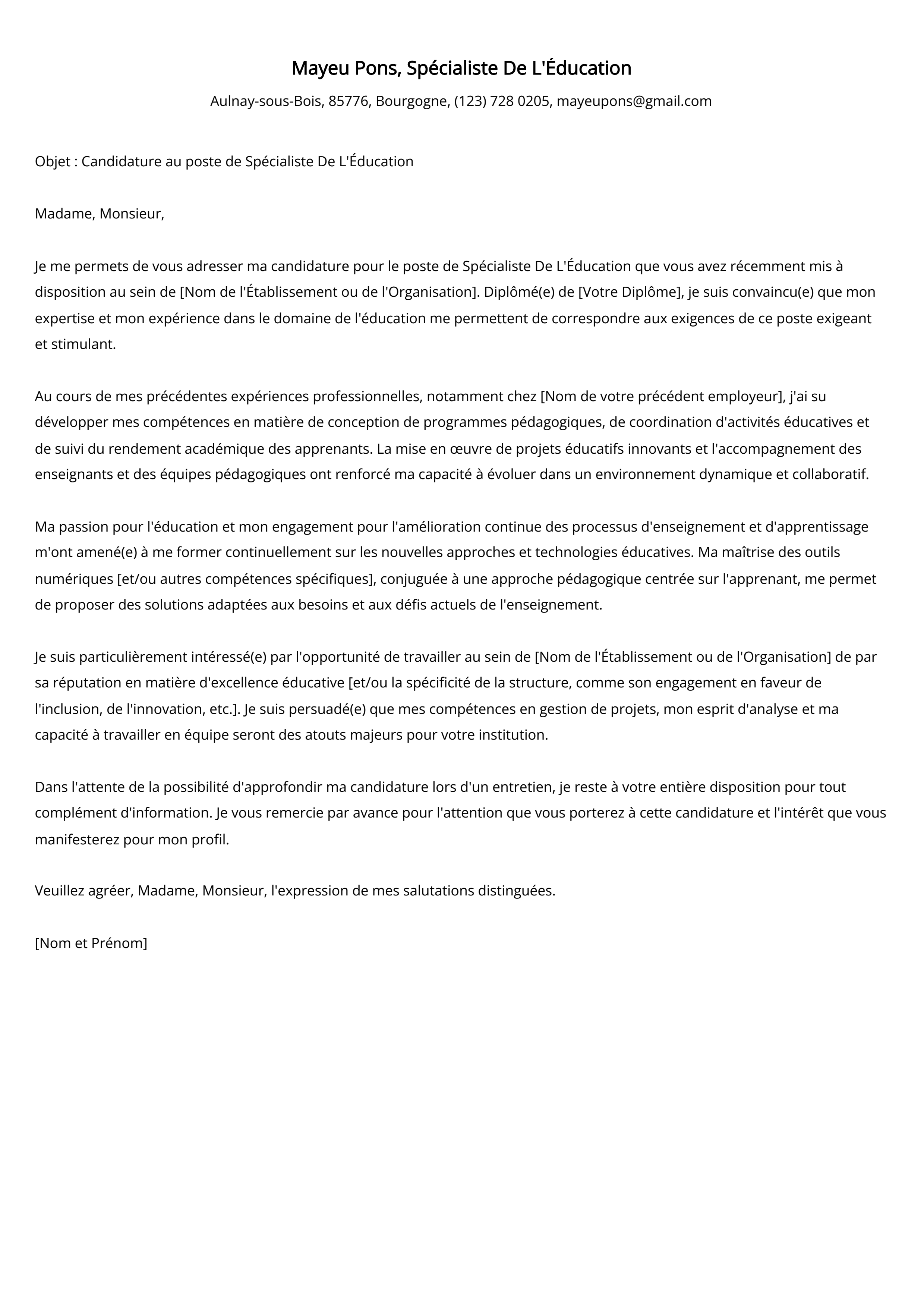 Spécialiste De L'Éducation Cover Letter Example