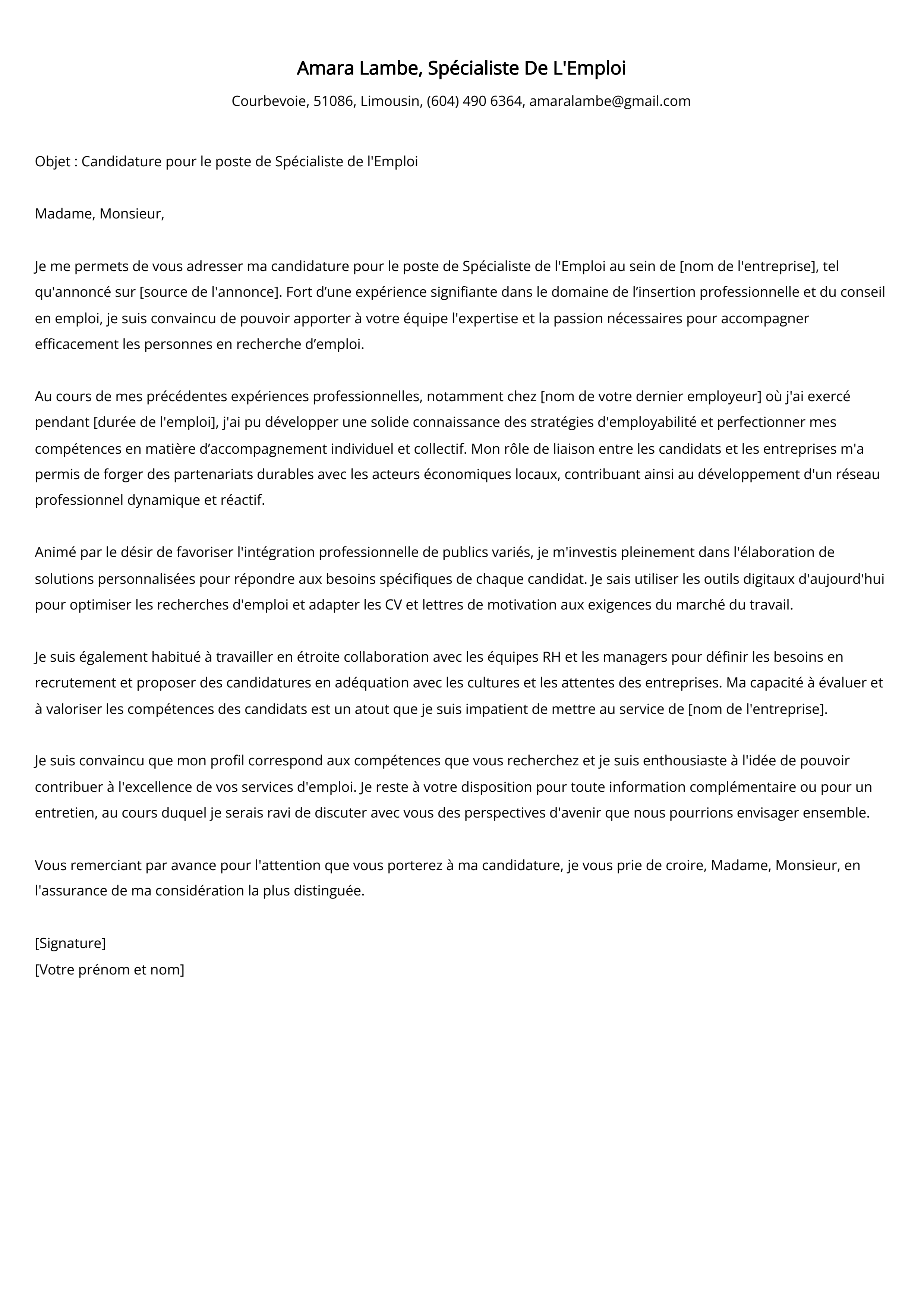 Spécialiste de l'emploi Exemple de lettre de motivation