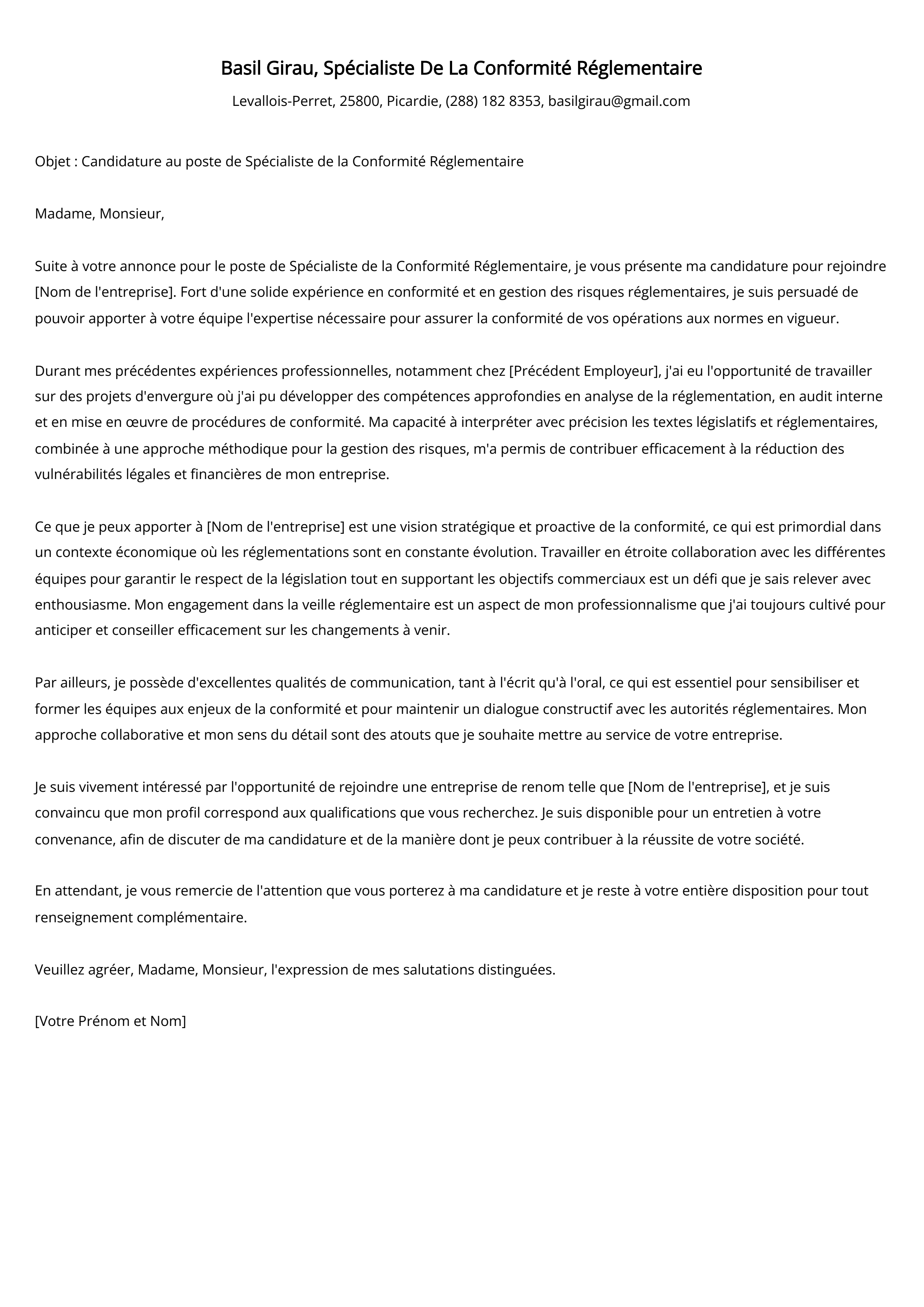 Spécialiste De La Conformité Réglementaire Cover Letter Example