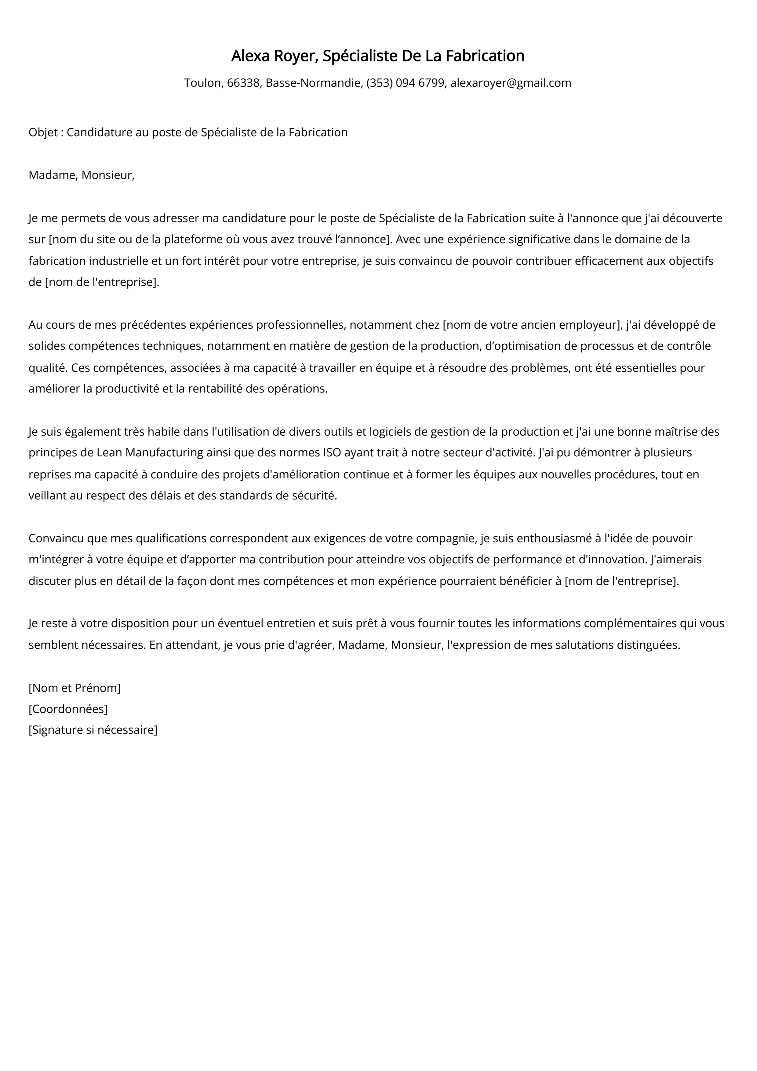 Spécialiste De La Fabrication Cover Letter Example