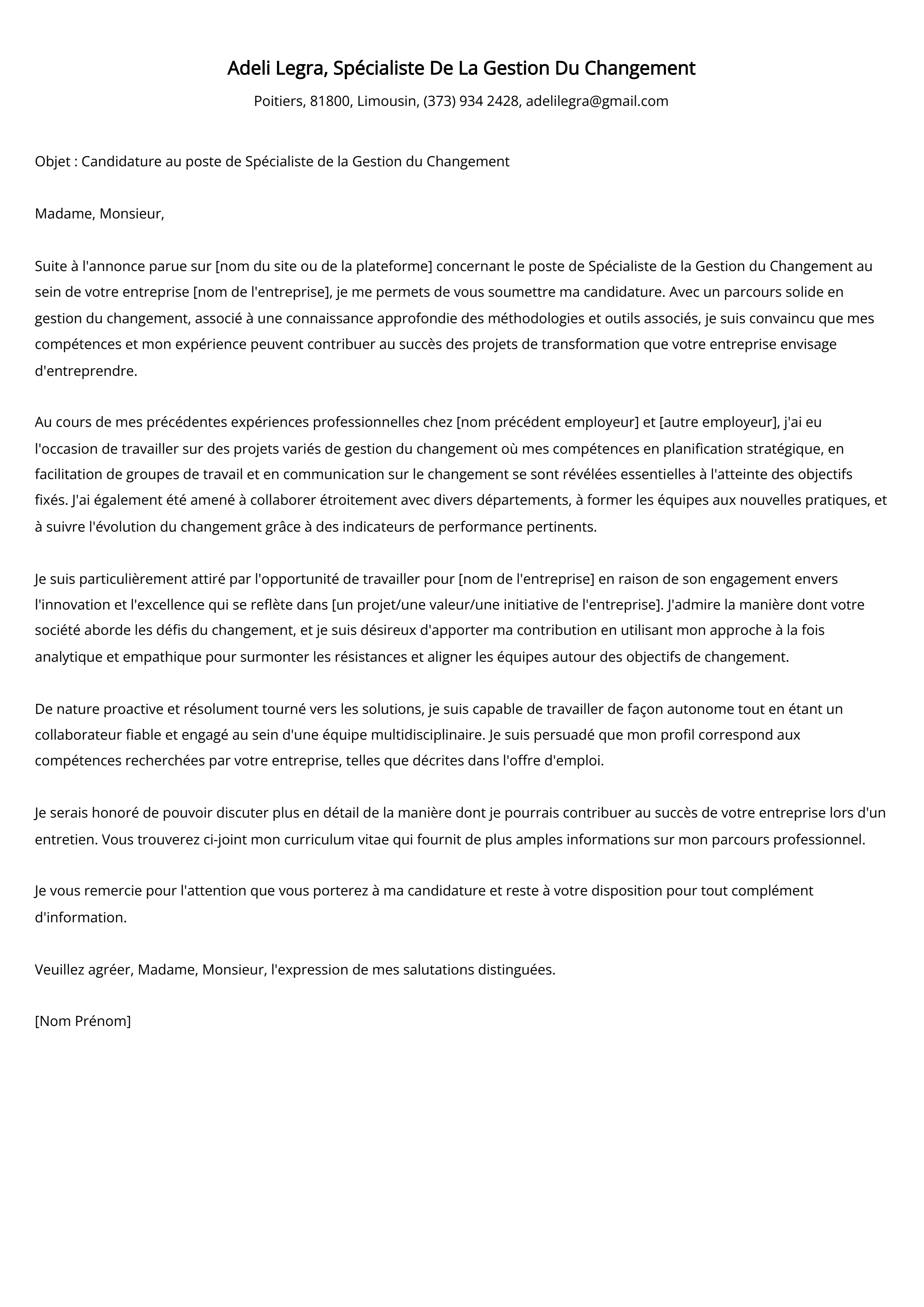 Spécialiste De La Gestion Du Changement Cover Letter Example