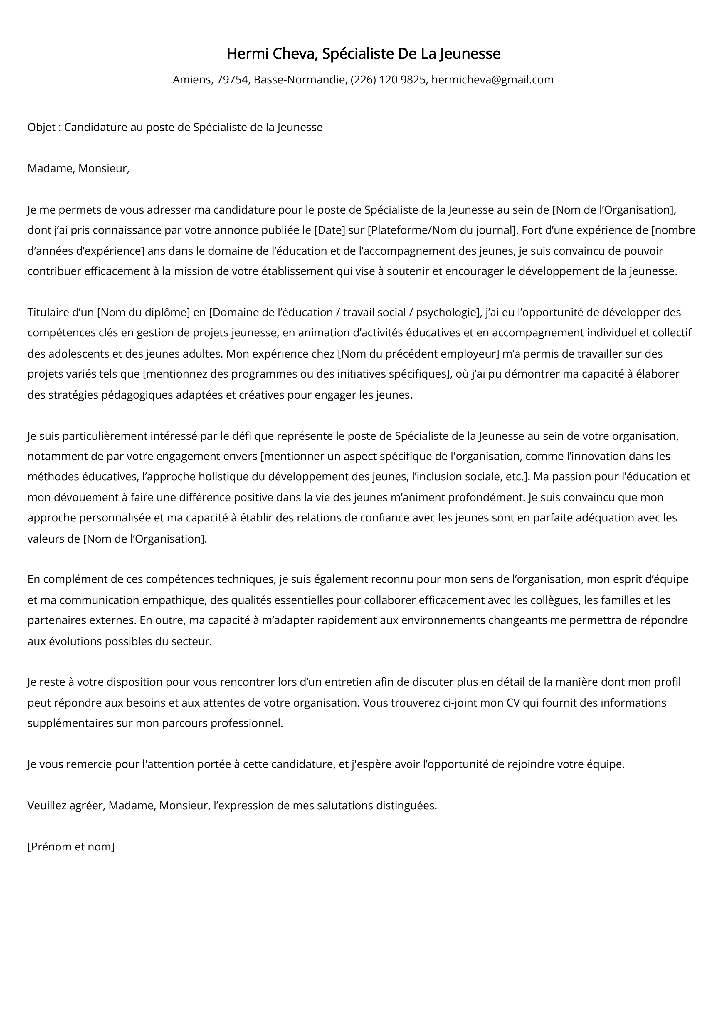 Spécialiste De La Jeunesse Cover Letter Example