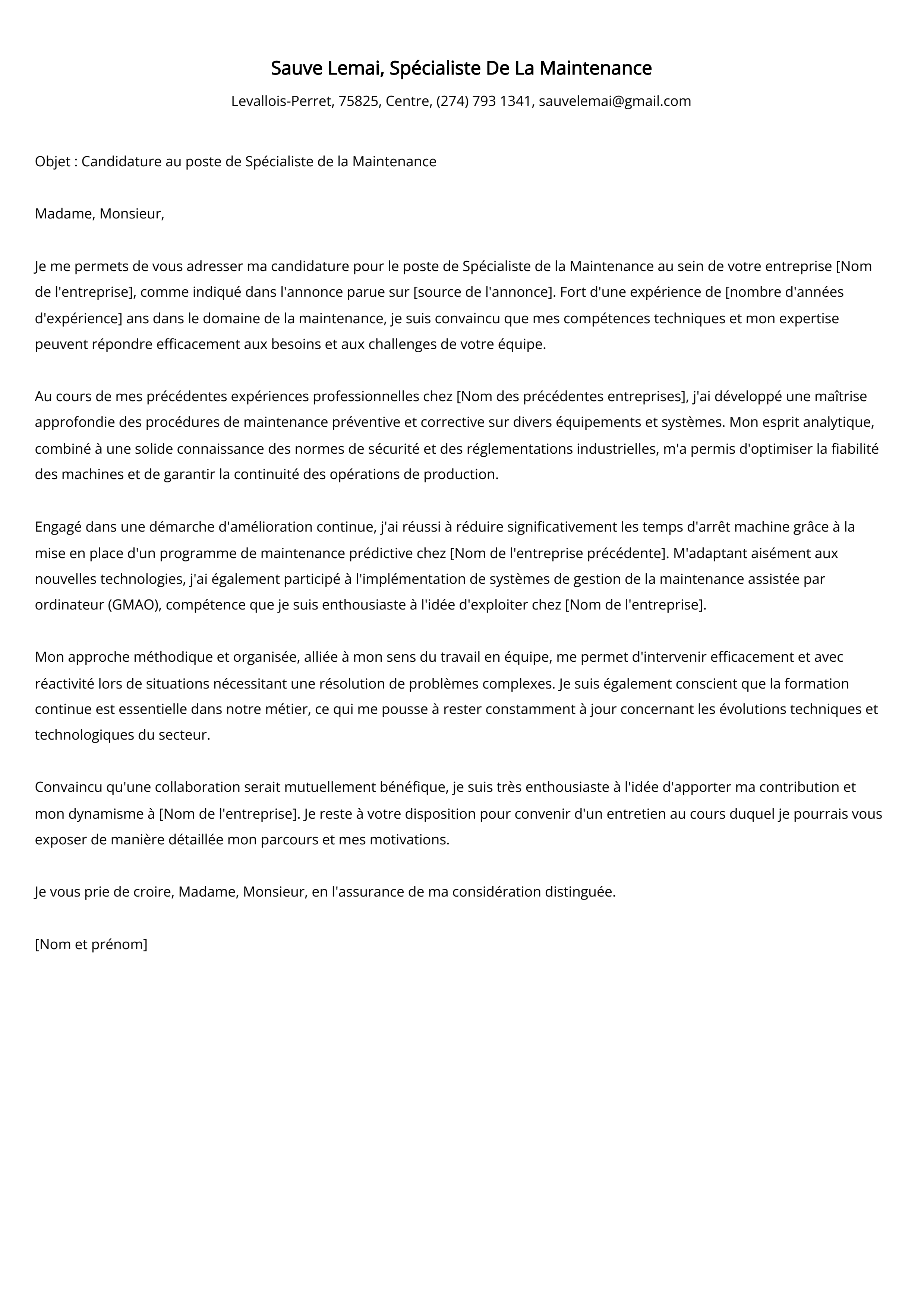 Spécialiste De La Maintenance Cover Letter Example