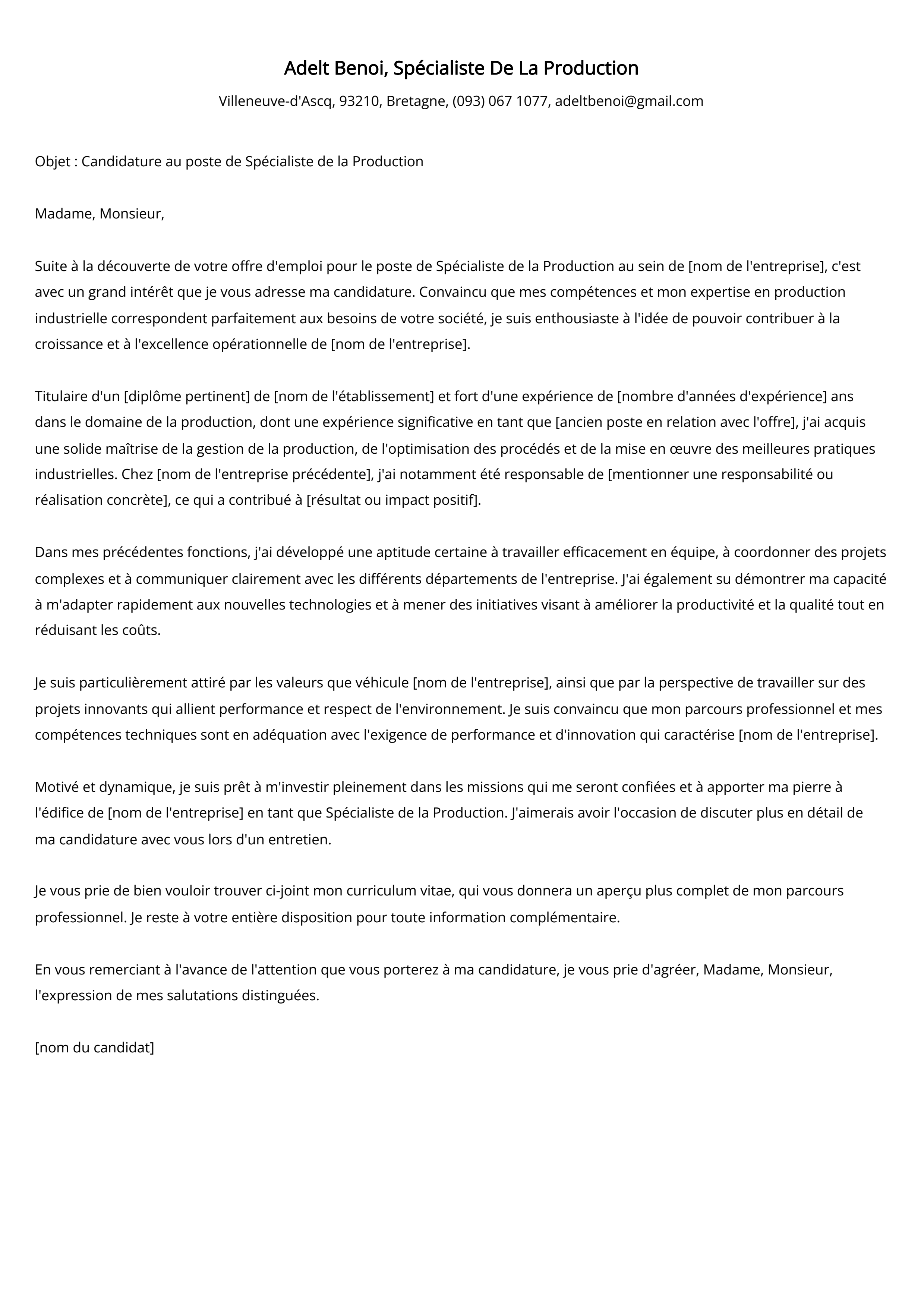 Spécialiste De La Production Cover Letter Example