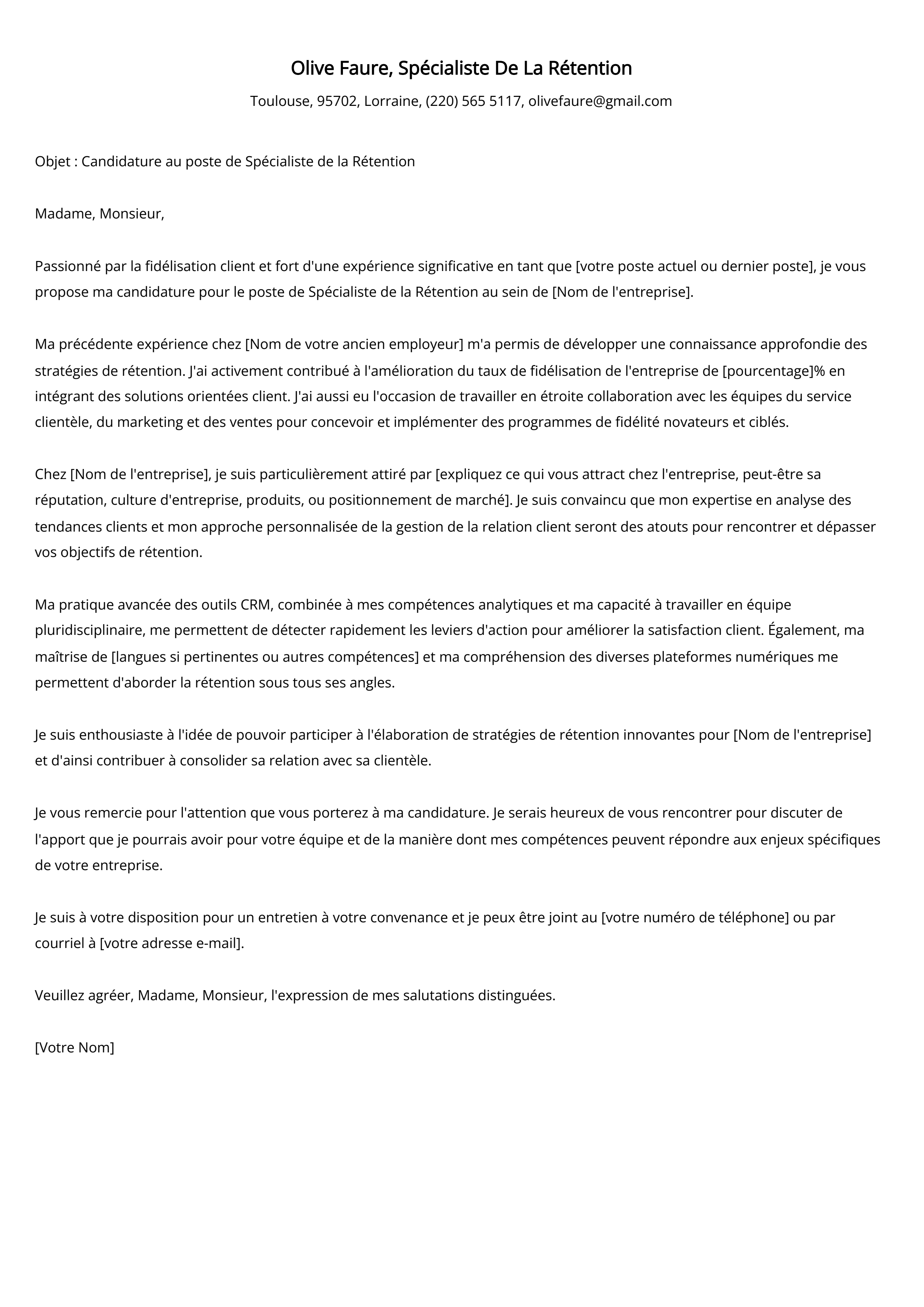 Spécialiste De La Rétention Cover Letter Example