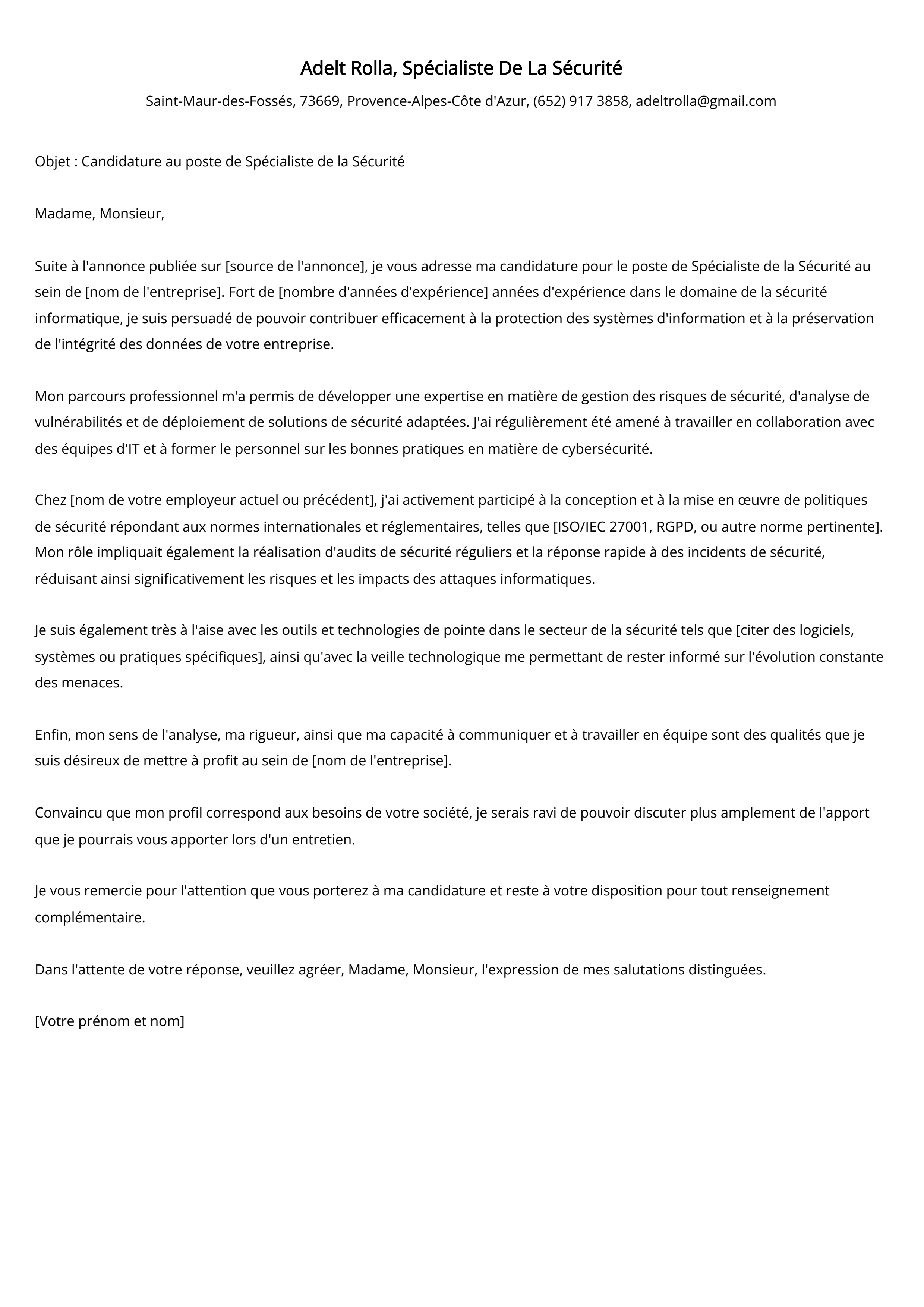 Spécialiste De La Sécurité Cover Letter Example